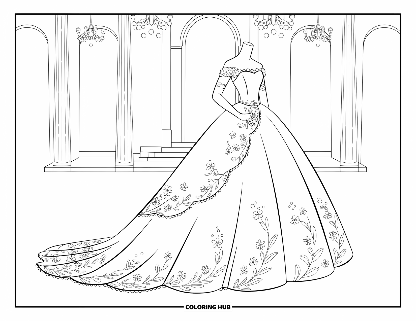 Dibujo de vestido de novia para colorear para niños: Un vestido de novia estilo salón de baile con encaje y perlas está enmarcado por un gran lugar de celebración de bodas