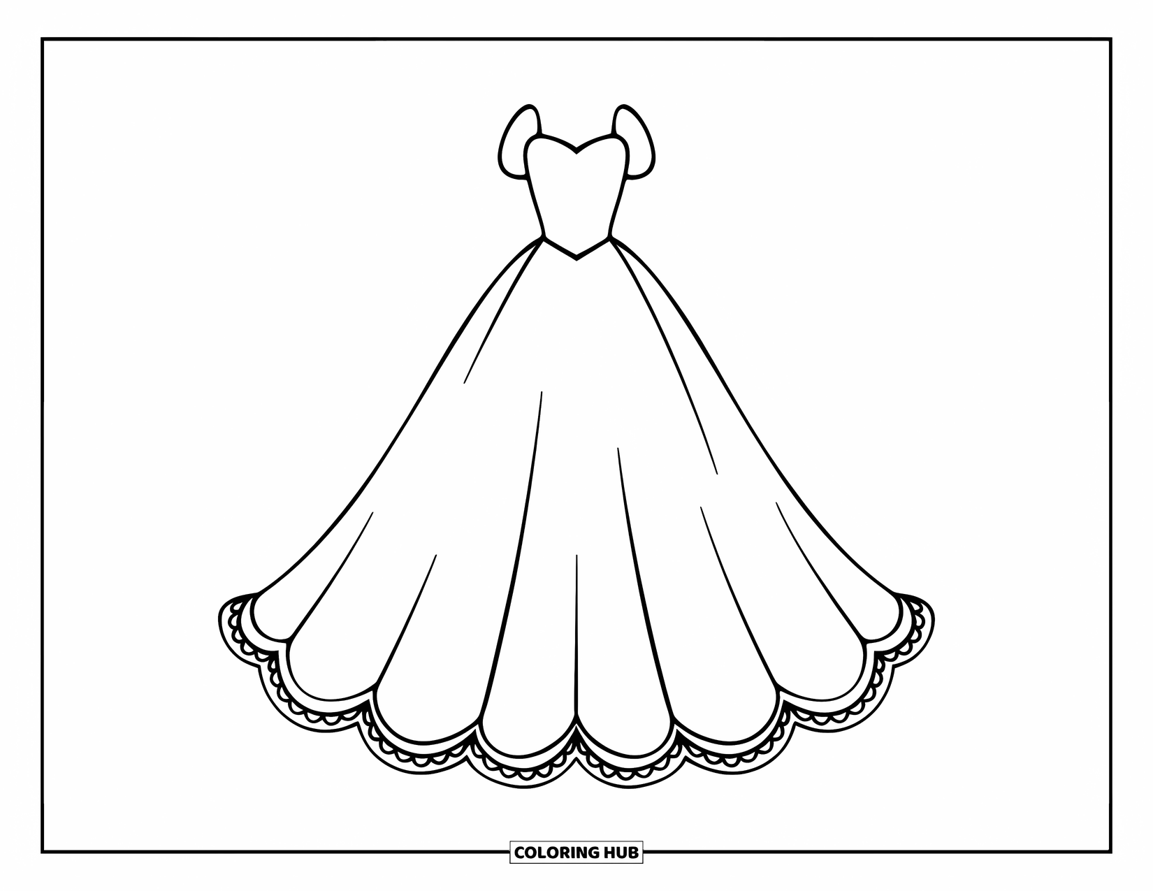 Dibujo de vestido de novia para colorear para niños: Un clásico vestido de corte A con un dobladillo festoneado, perfecto para una novia elegante