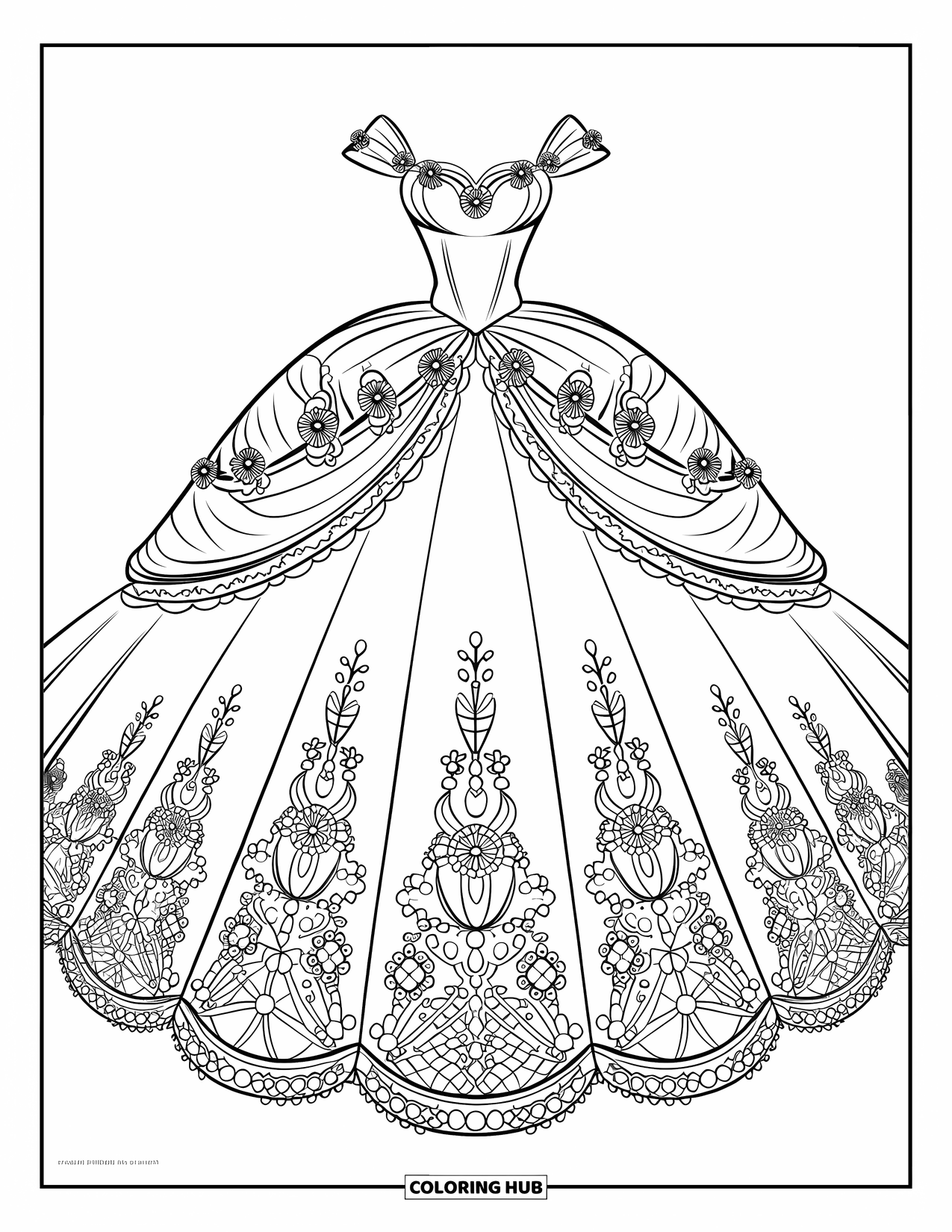 Dibujo de vestido de novia para colorear para niños: Se exhibe un espectacular vestido de novia de gala con detalles florales bordados y una cola amplia