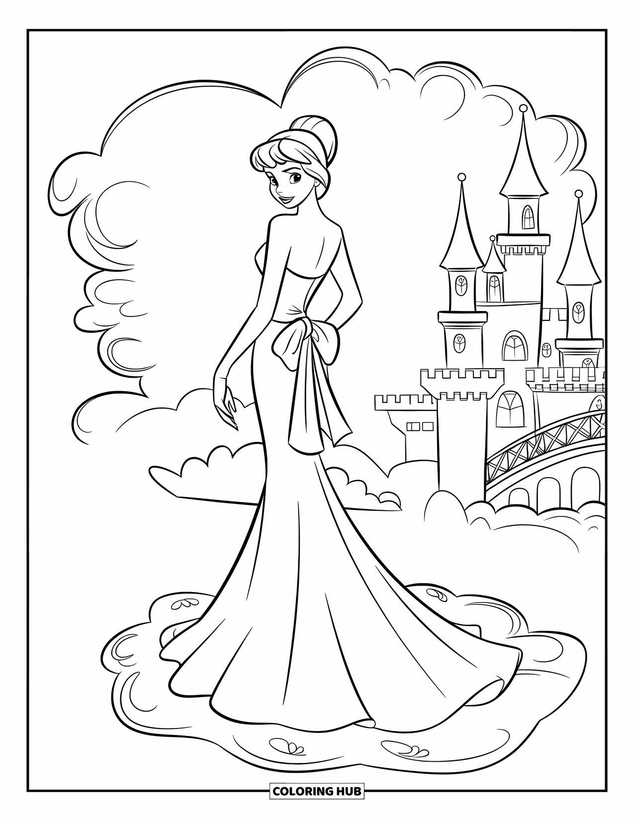 Dibujo de vestido de novia para colorear para niños: Un vestido de novia ajustado con una banda y un elegante lazo es usado por una princesa de pie sobre una nube