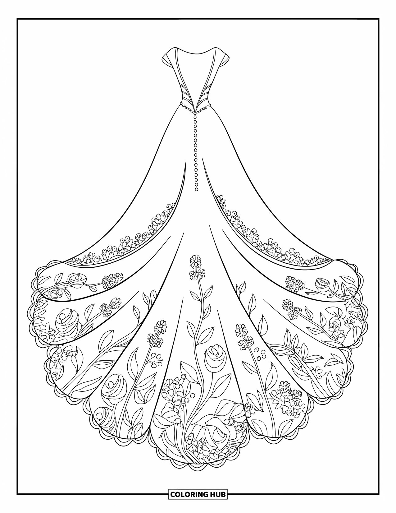 Dibujo de vestido de novia para colorear para niños: Un vestido de novia adornado con flores con una cola larga y floreciente que irradia gracia y sofisticación