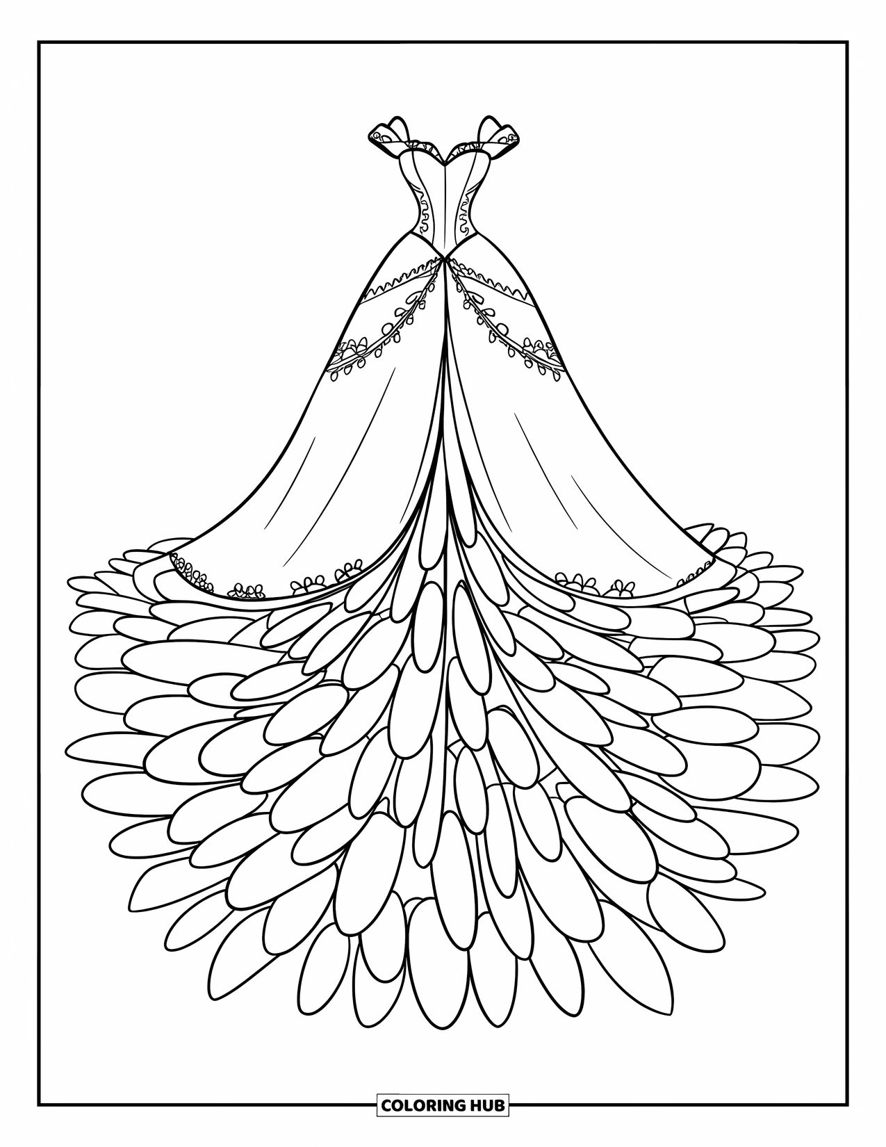 Dibujo de vestido de novia para colorear para niños: Un vestido de novia de inspiración floral con encaje, cuentas y capas con forma de pétalos forma una silueta floreciente