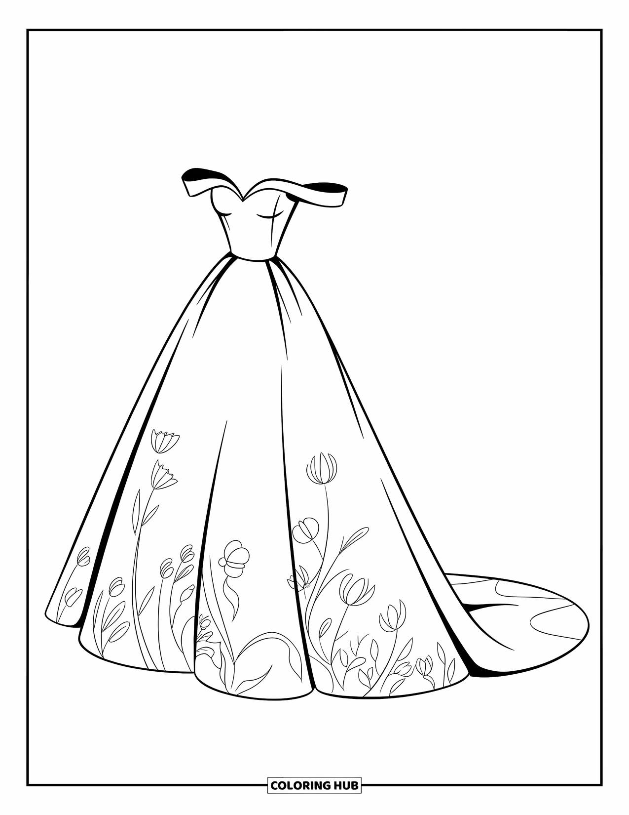 Dibujo de vestido de novia para colorear para niños: Un vestido de novia con hombros descubiertos y delicados detalles florales está diseñado para un romance atemporal