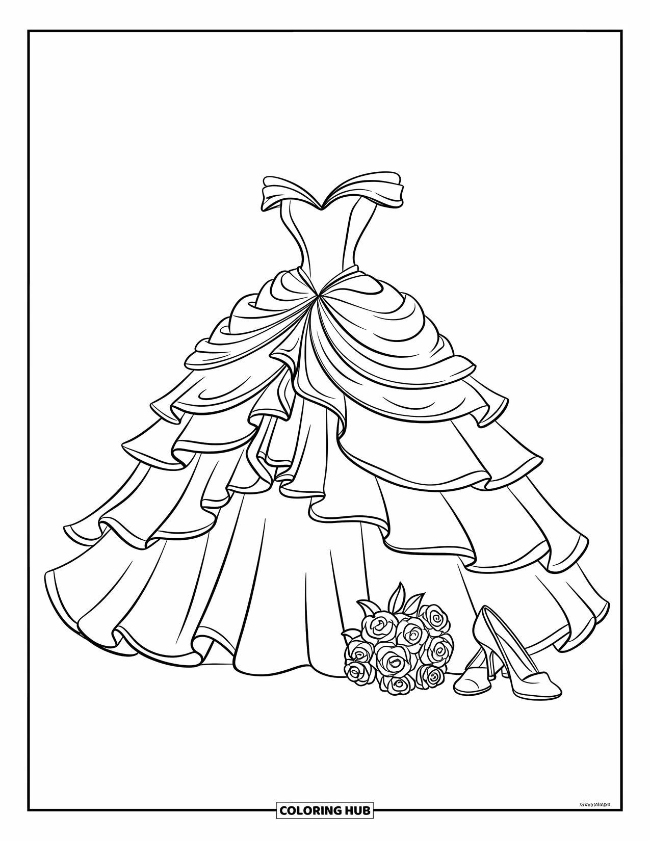 Dibujo de vestido de novia para colorear para niños: Un vestido de novia con falda completa, volantes, escote corazón y rosas
