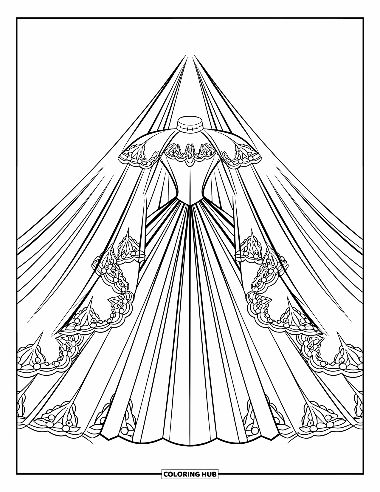 Dibujo de vestido de novia para colorear para niños: Un vestido de novia gótico con detalles de encaje y un velo largo y amplio destaca por su llamativo contraste
