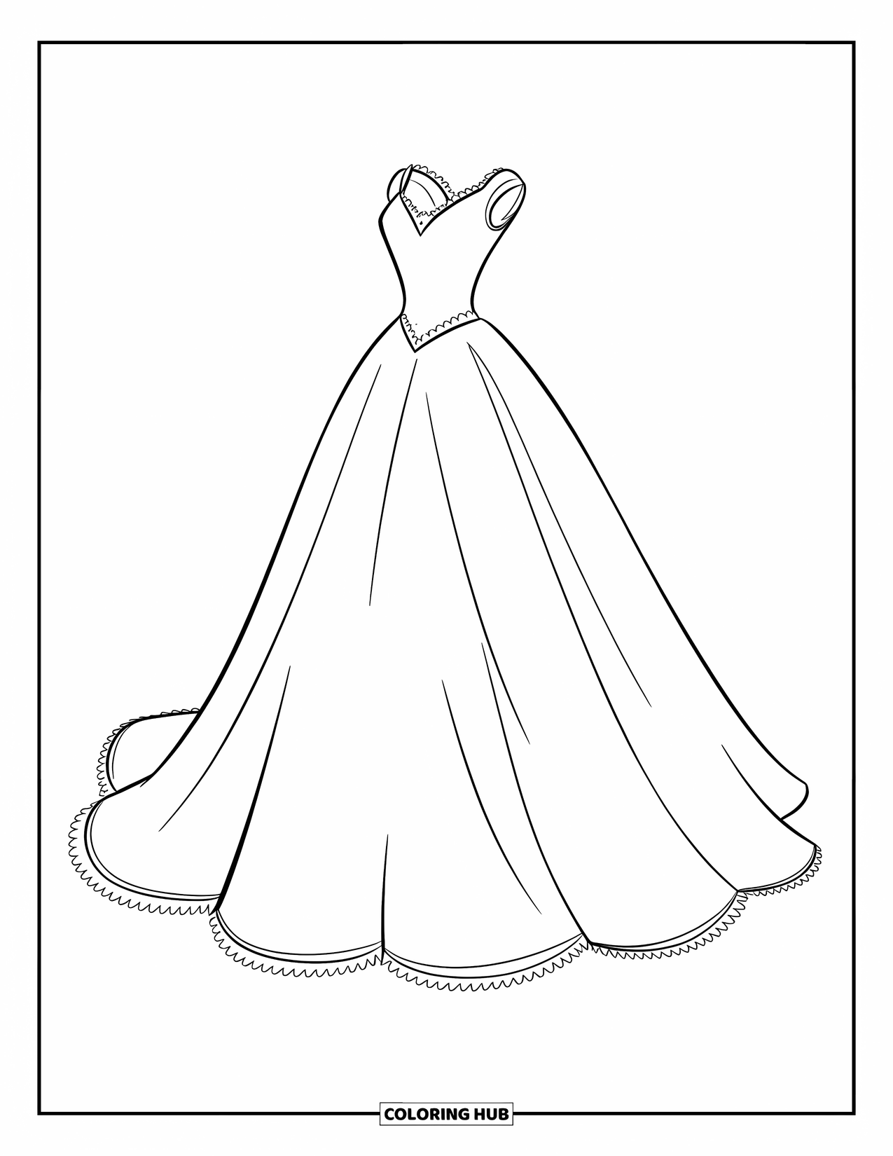 Dibujo de vestido de novia para colorear para niños: Un vestido con detalles de volantes y adornos de encaje para una novia elegante