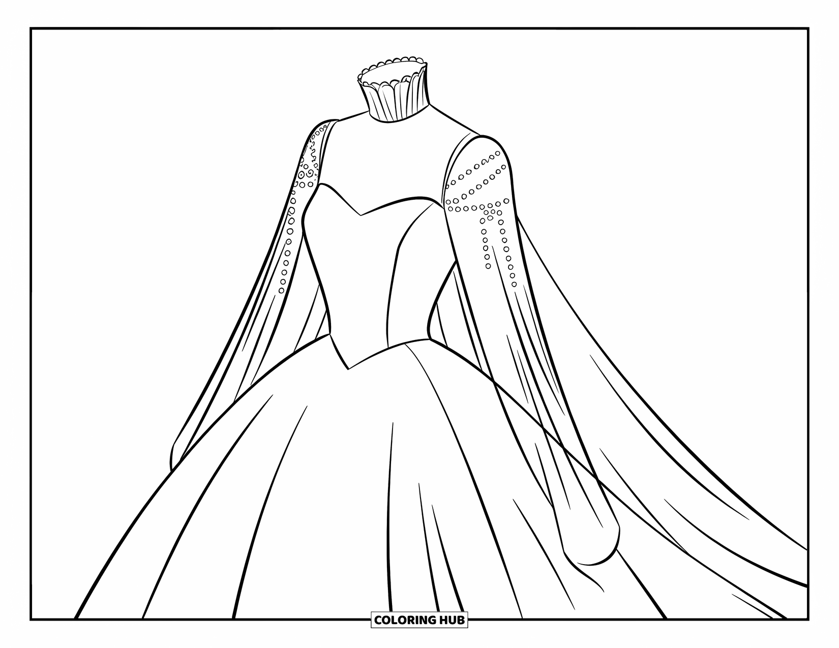 Dibujo de vestido de novia para colorear para niños: Un vestido de novia de cuello alto con delicados bordados de perlas y una cola fluida irradia elegancia