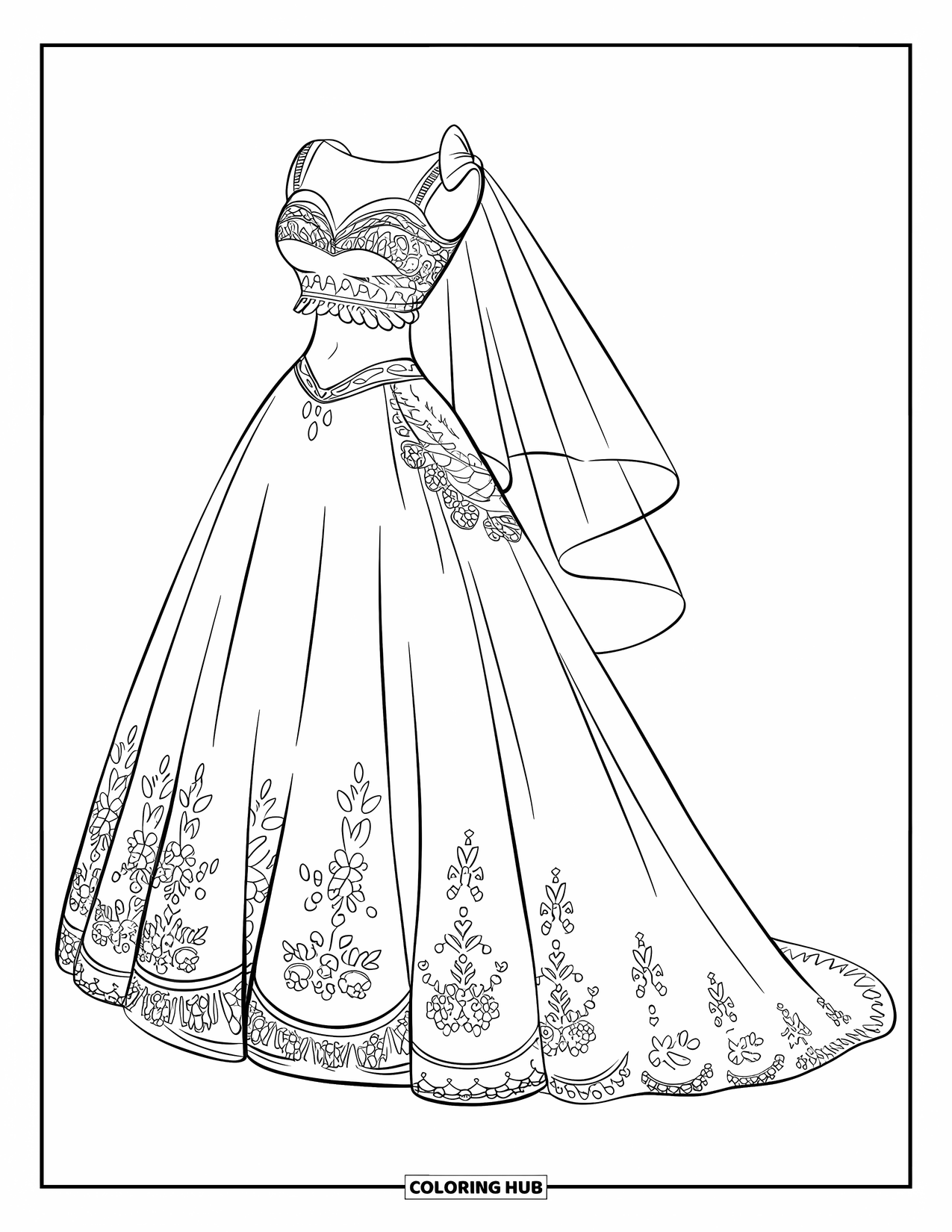 Dibujo de vestido de novia para colorear para niños: Un vestido de novia de dos piezas con detalles de encaje y una cola amplia está adornado con delicados abalorios