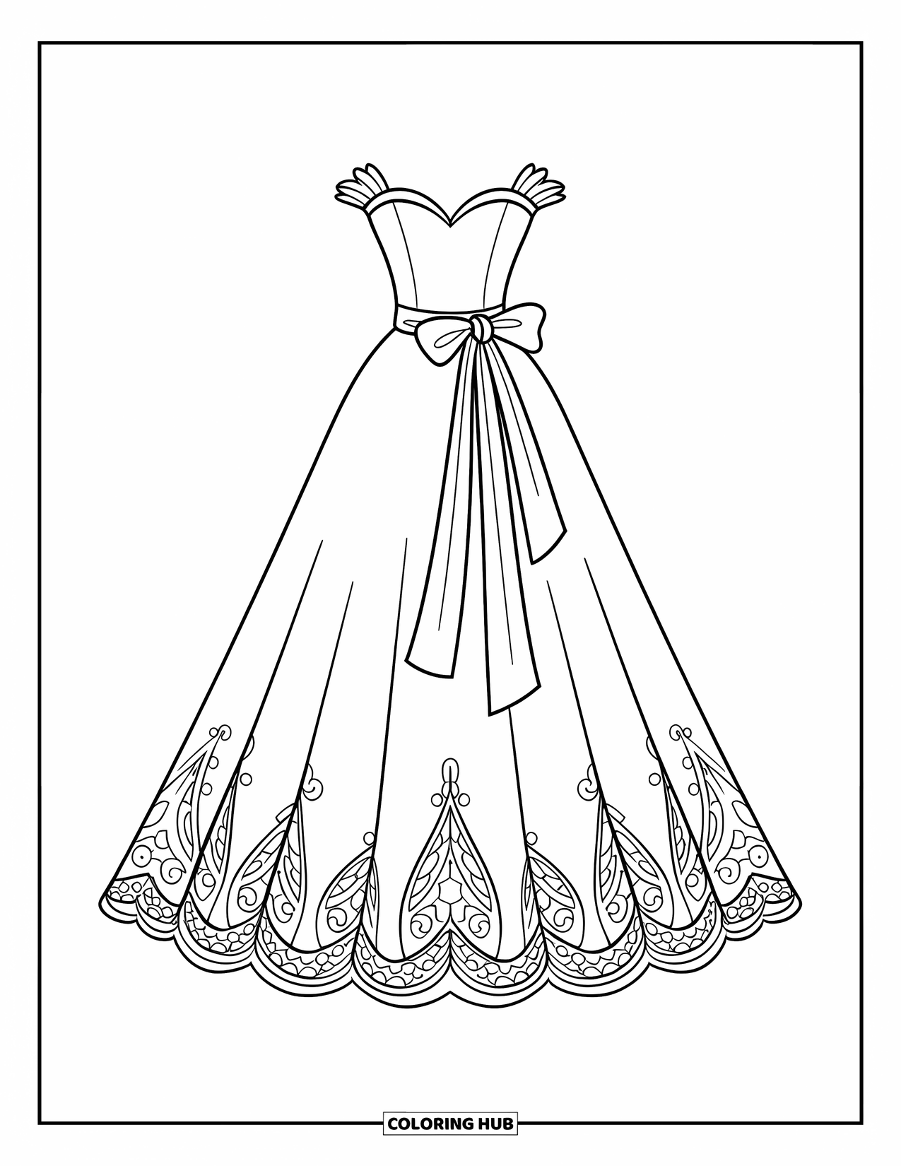 Dibujo de vestido de novia para colorear para niños: Un vestido de novia con detalles de encaje, una falda completa y un lazo en la espalda se exhibe maravillosamente