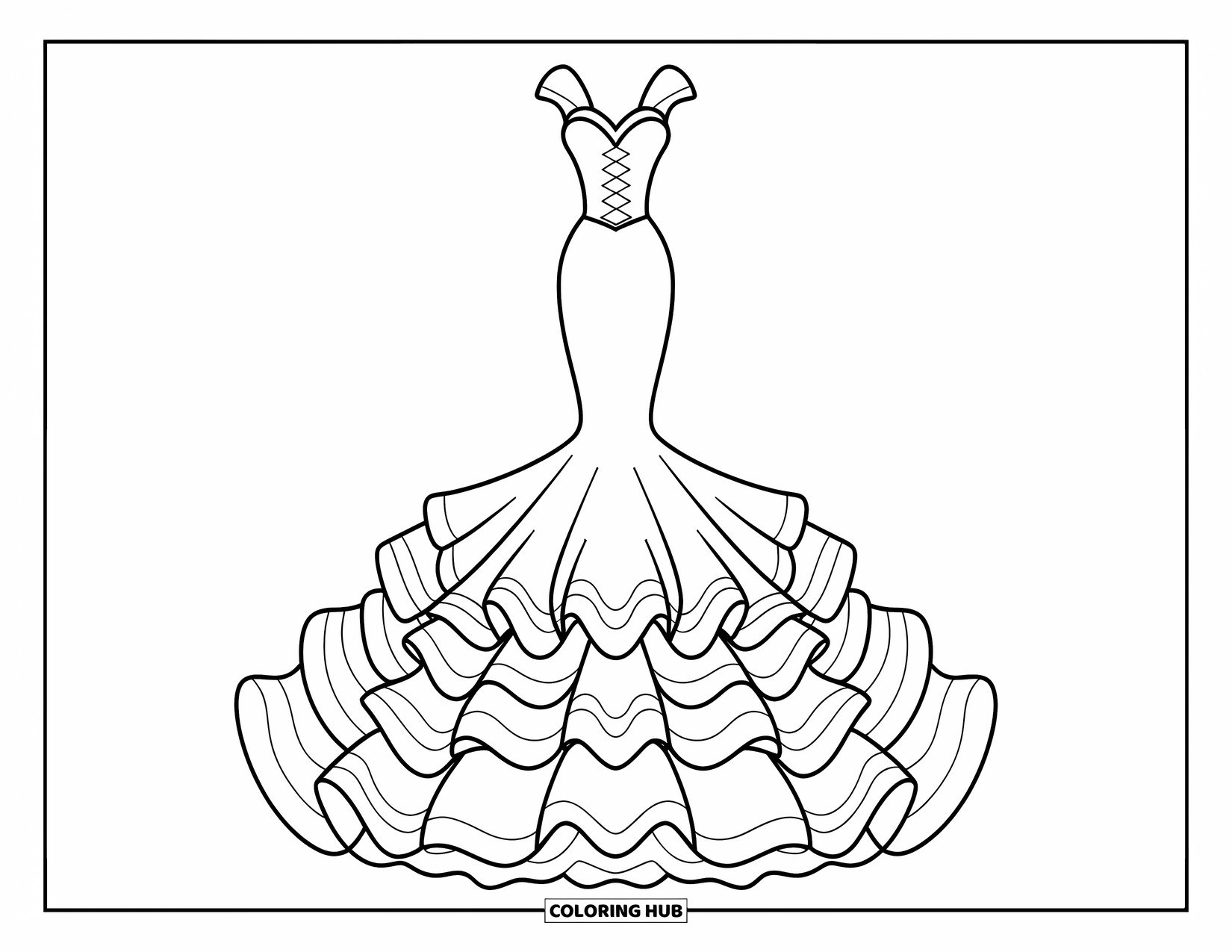 Dibujo de vestido de novia para colorear para niños: Un vestido de novia de sirena con cordones, volantes en capas y una cola amplia