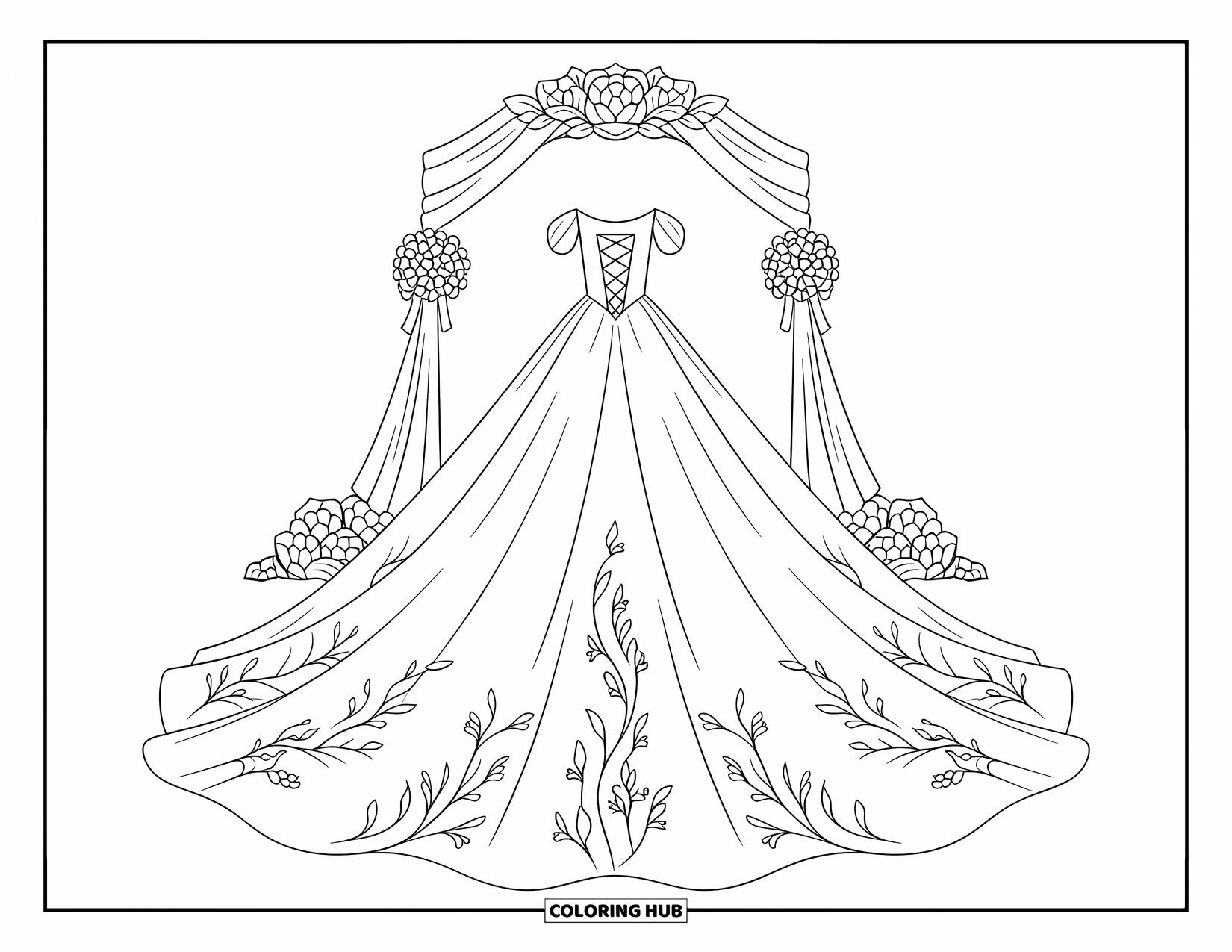 Dibujo de vestido de novia para colorear para niños: Un vestido de novia con cordones y una espectacular cola se encuentra debajo de un arco adornado con flores