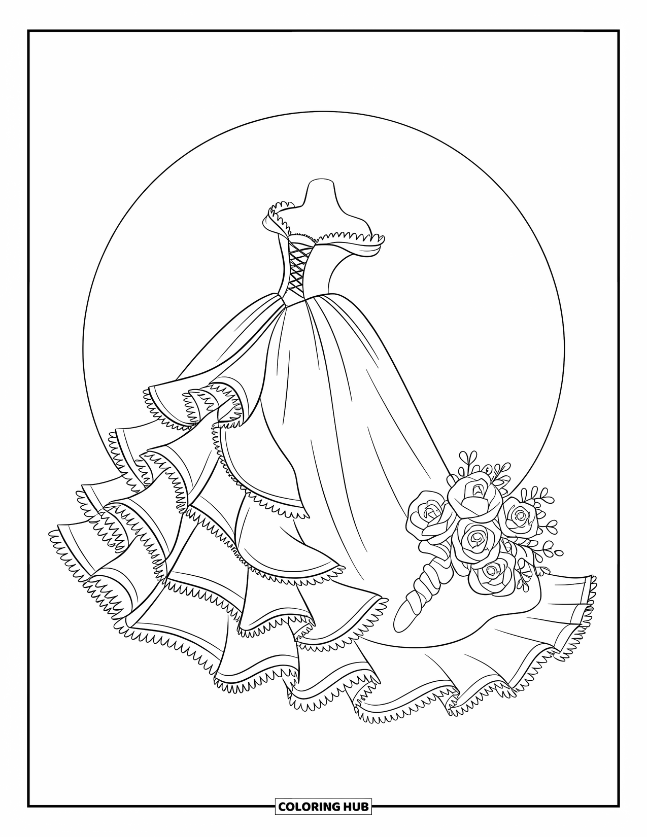 Dibujo de vestido de novia para colorear para niños: Un vestido de novia con cordones, volantes y un ramo envuelto en cinta