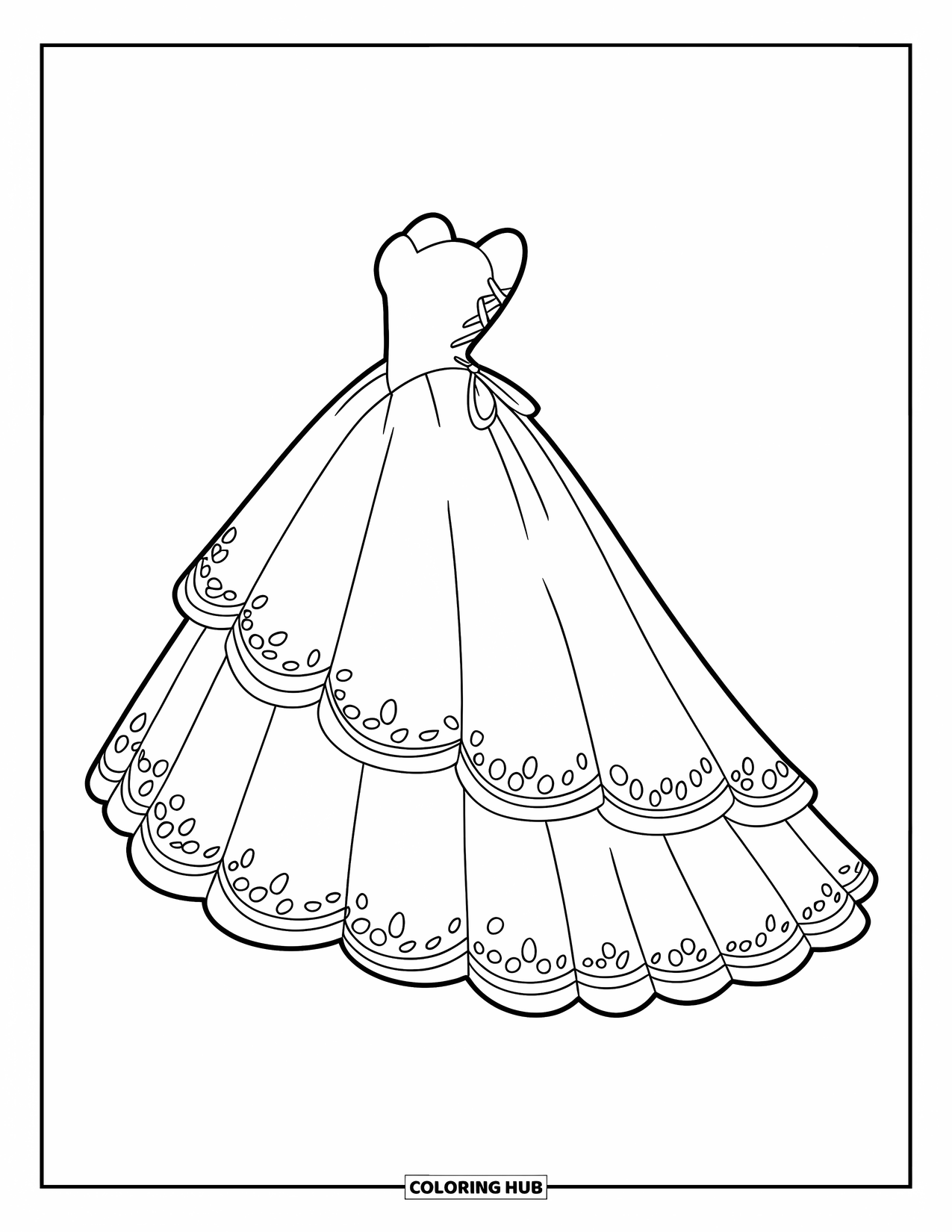 Dibujo de vestido de novia para colorear para niños: Un vestido de novia de capas con un borde festoneado y espalda con cordones