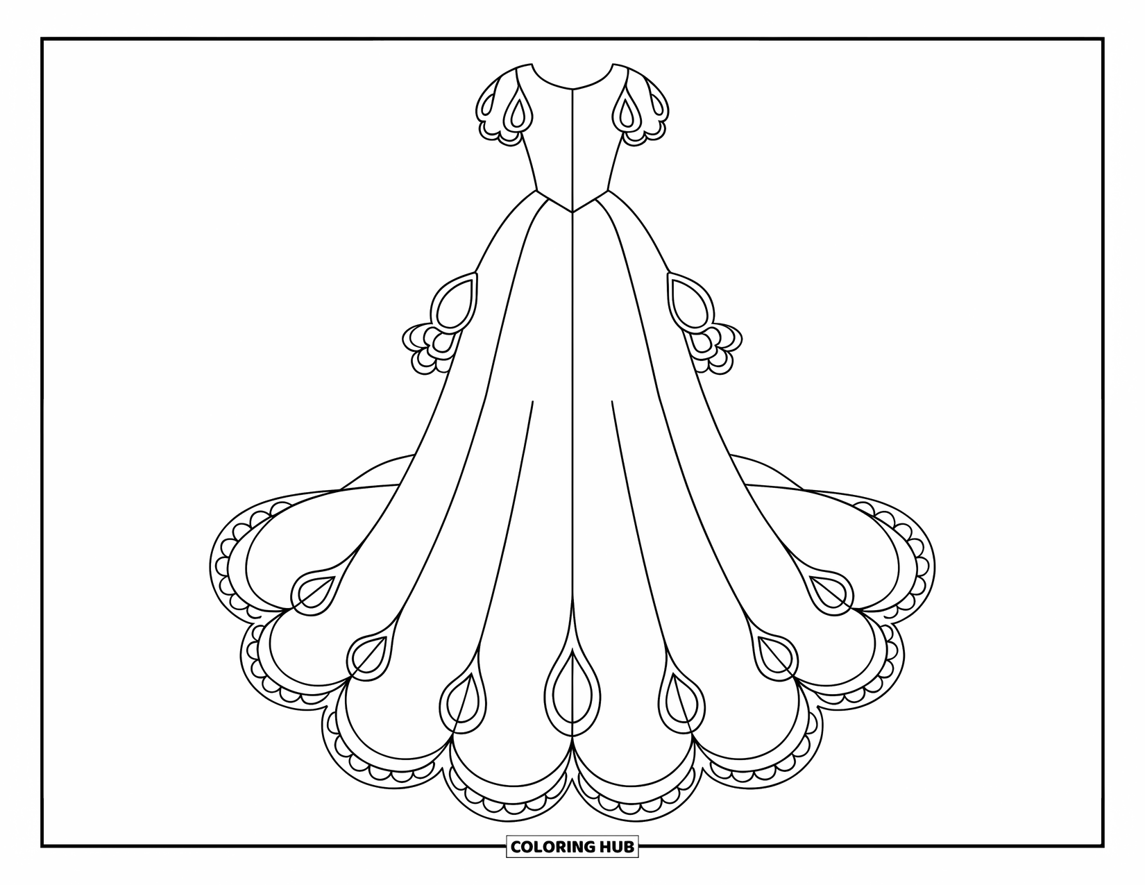 Dibujo de vestido de novia para colorear para niños: Un vestido de novia con espalda baja, detalles festoneados y detalles de encaje