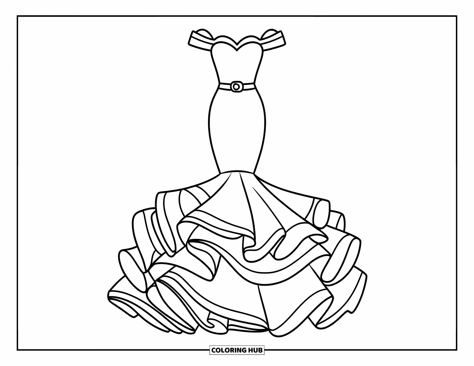 Dibujo de vestido de novia para colorear para niños: Un vestido de novia corte sirena con un espectacular bajo con volantes y un escote corazón