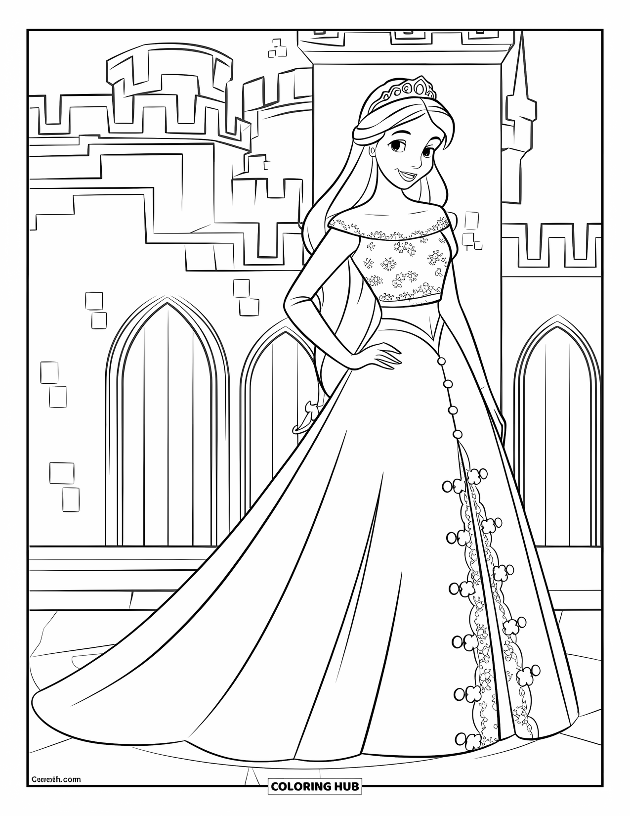 Dibujo de vestido de novia para colorear para niños: Un moderno vestido de novia de dos piezas con un top de encaje y una falda fluida es usado por una princesa