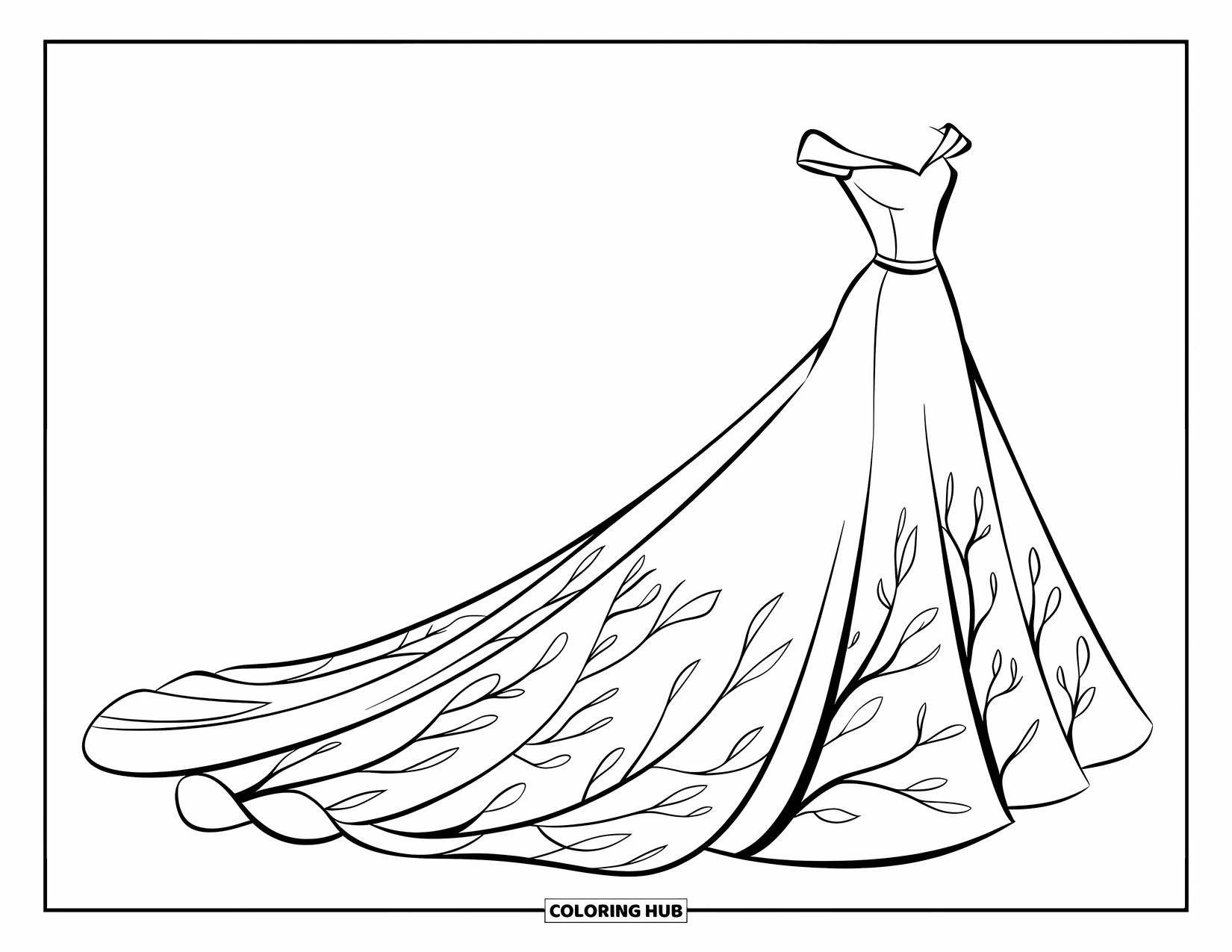 Dibujo de vestido de novia para colorear para niños: Un vestido de novia moderno con una espectacular cola y patrones de enredaderas que irradia elegancia natural
