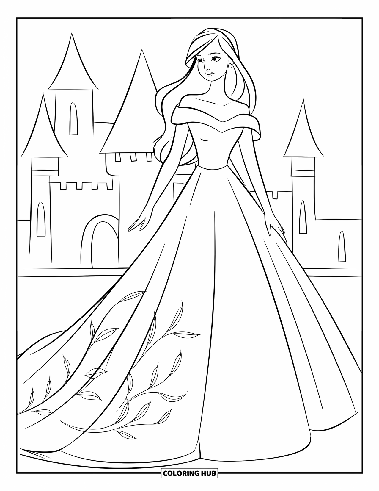 Dibujo de vestido de novia para colorear para niños: Un vestido de novia moderno con un diseño de hombros descubiertos y sutiles grabados florales irradia sofisticación