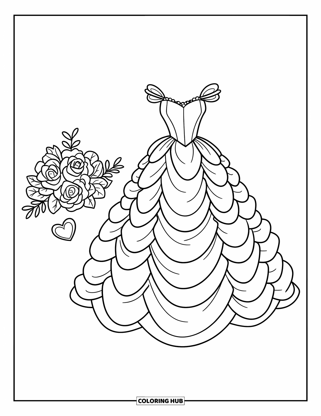 Dibujo de vestido de novia para colorear para niños: Un vestido de princesa con volantes, un detalle de corazón y un pequeño ramo