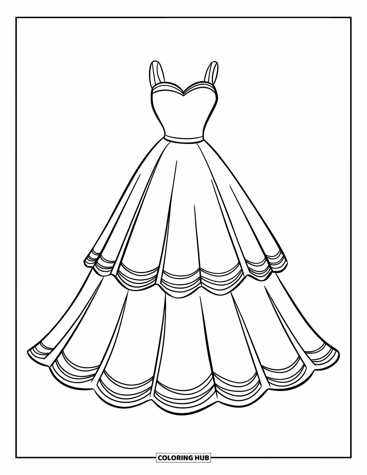 Dibujo de vestido de novia para colorear para niños: Una princesa con un vestido de novia de capas con un borde festoneado