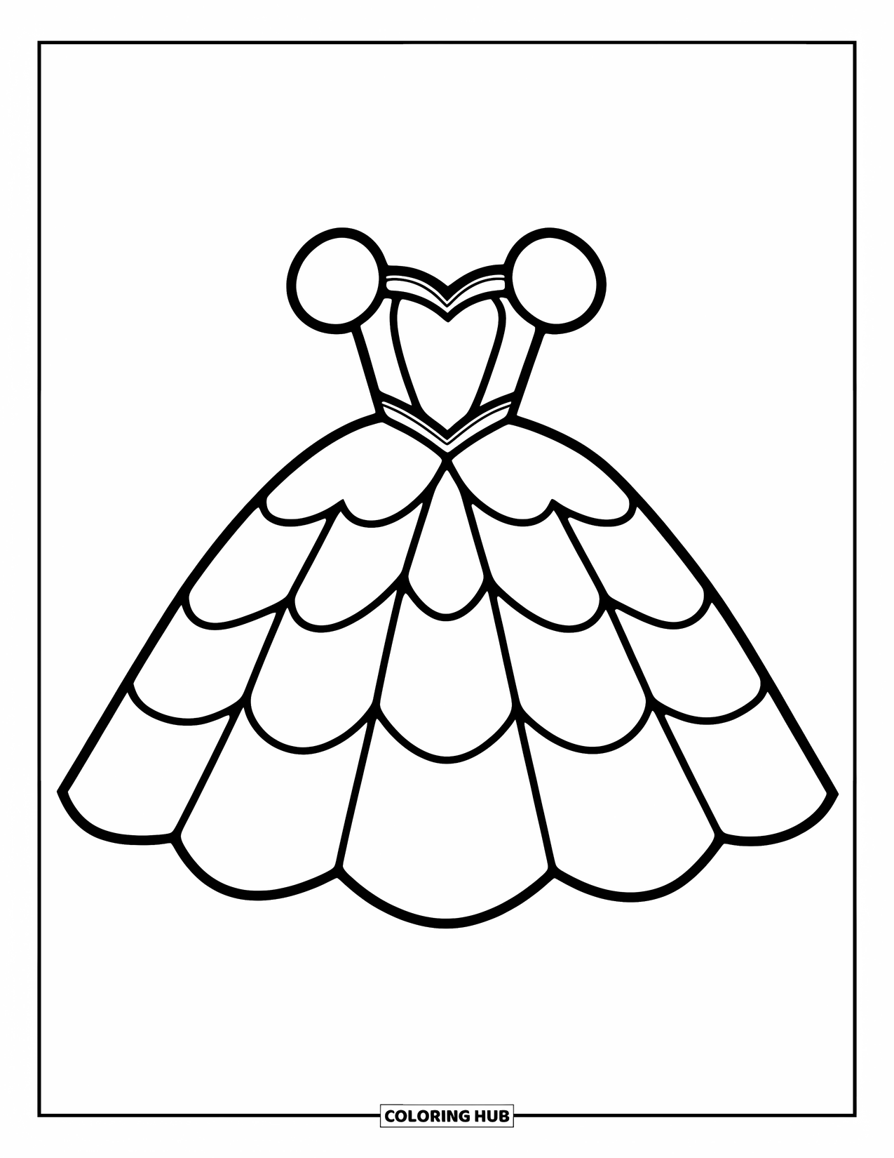 Dibujo de vestido de novia para colorear para niños: Una princesa con un vestido abullonado con escote corazón y una corona