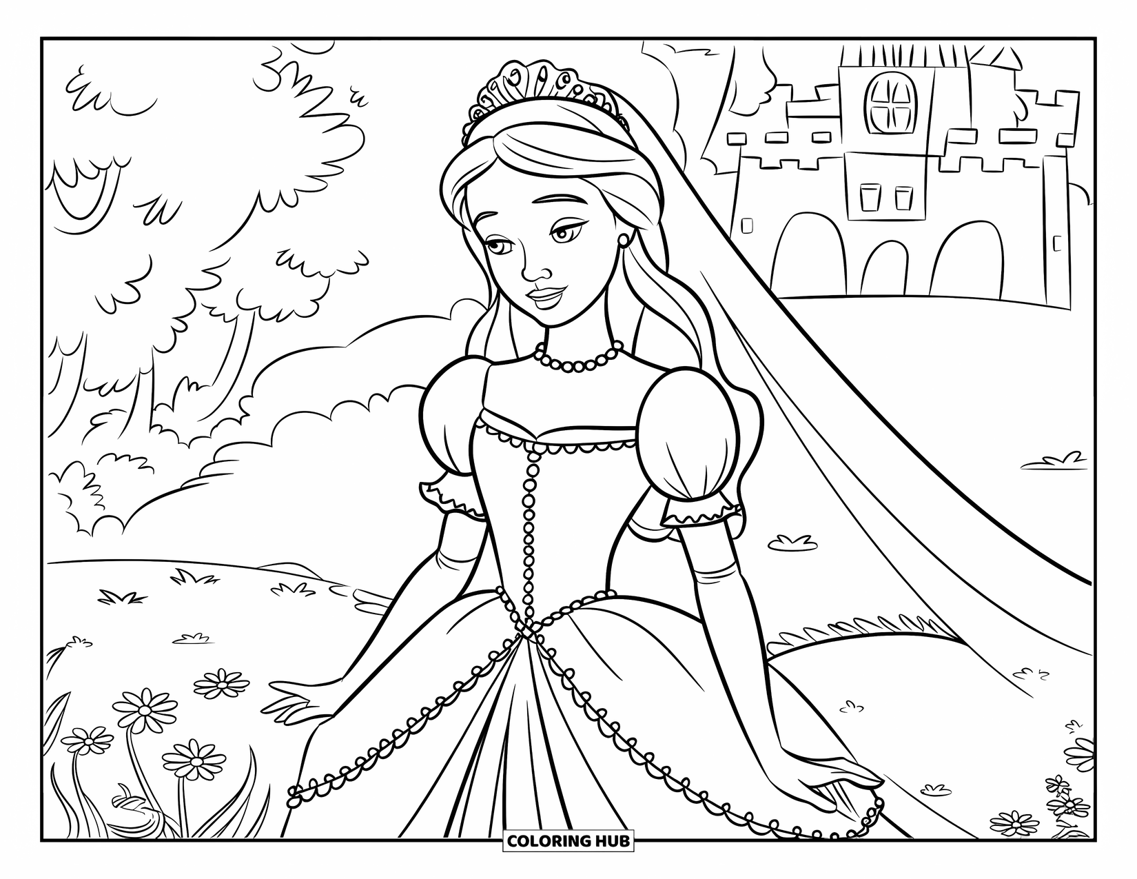 Dibujo de vestido de novia para colorear para niños: Una princesa con un vestido de novia con mangas abullonadas y detalles de perlas está de pie en un jardín floreciente