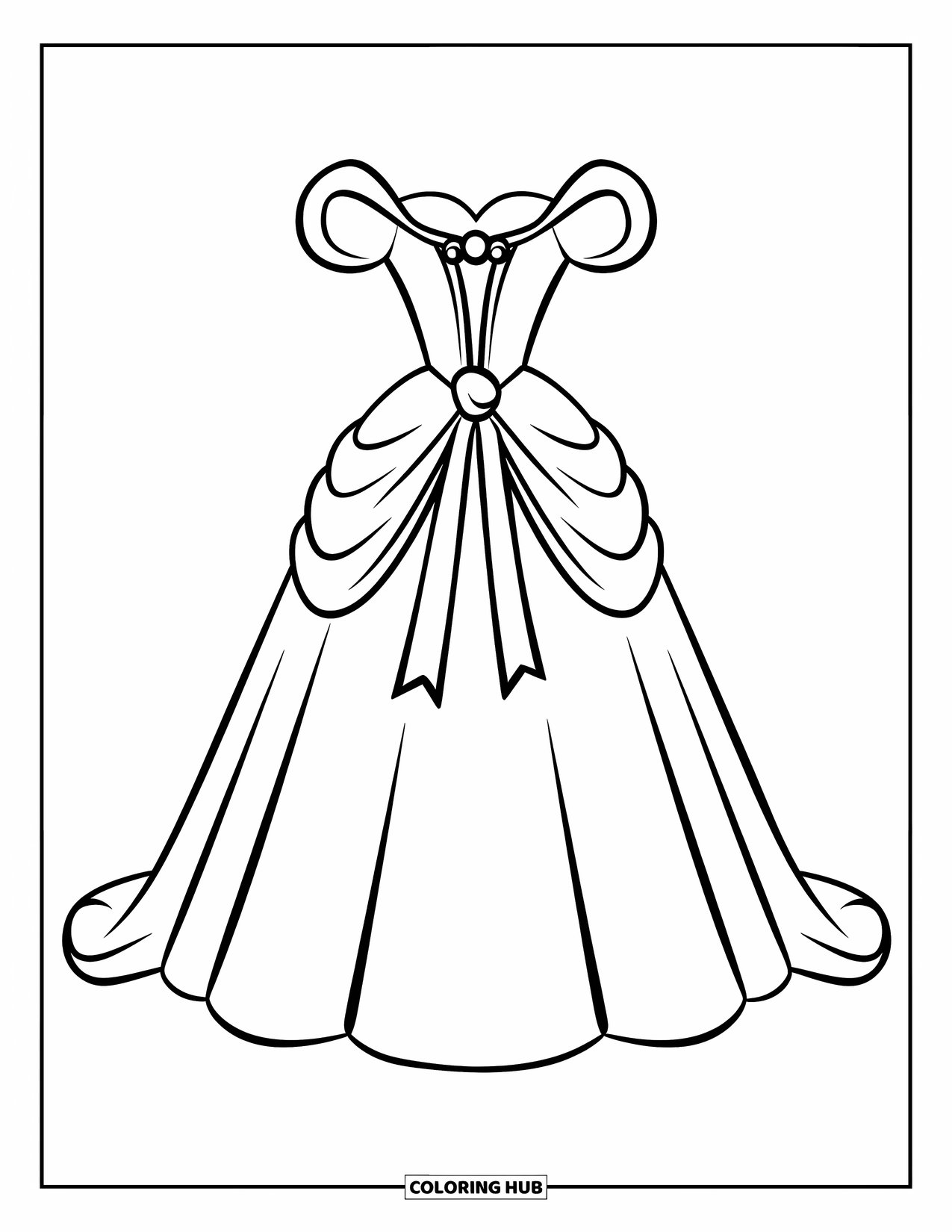 Dibujo de vestido de novia para colorear para niños: Un vestido de novia estilo princesa con una gran cinta y detalles de perlas