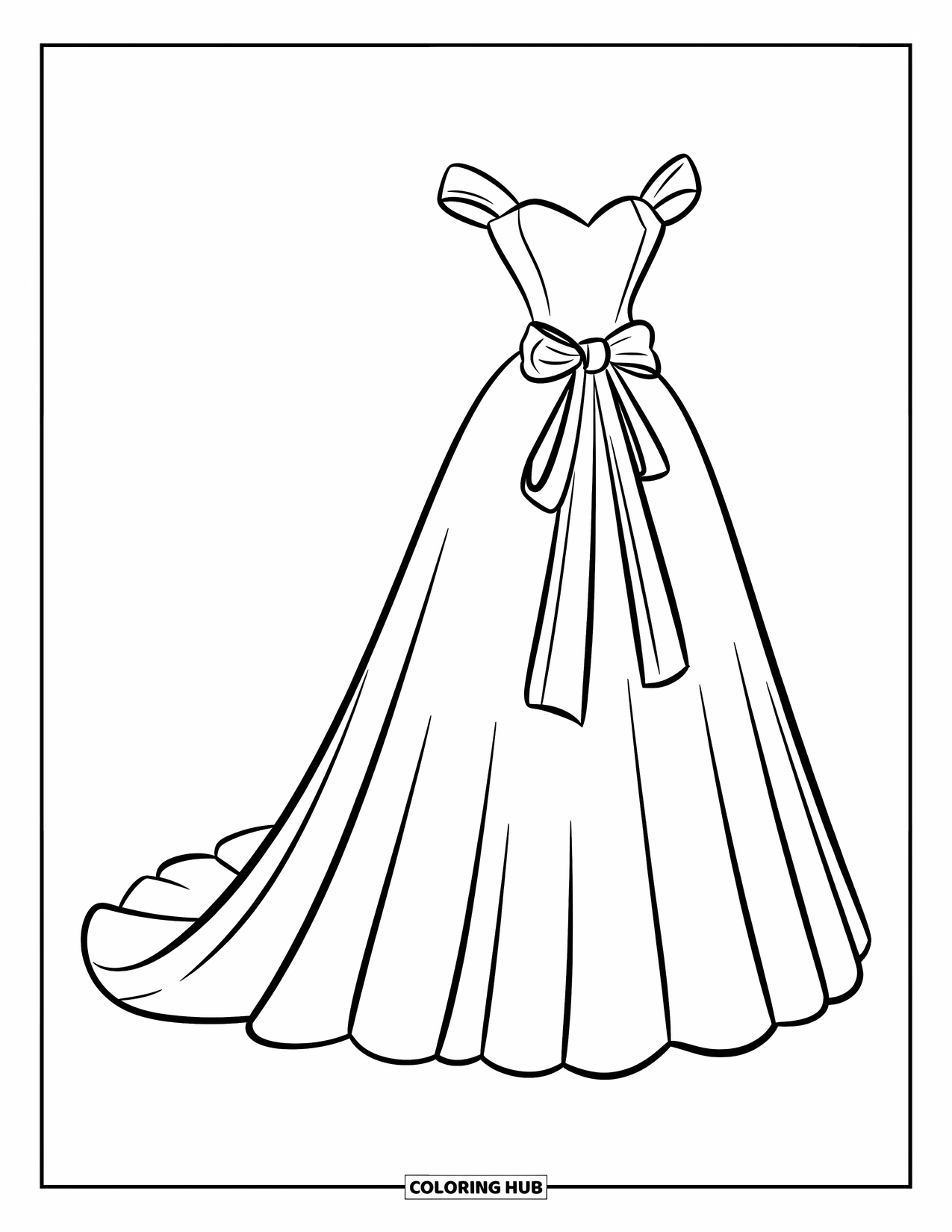 Dibujo de vestido de novia para colorear para niños: Un vestido de novia estilo princesa con escote corazón y una banda atada con un lazo luce atemporal