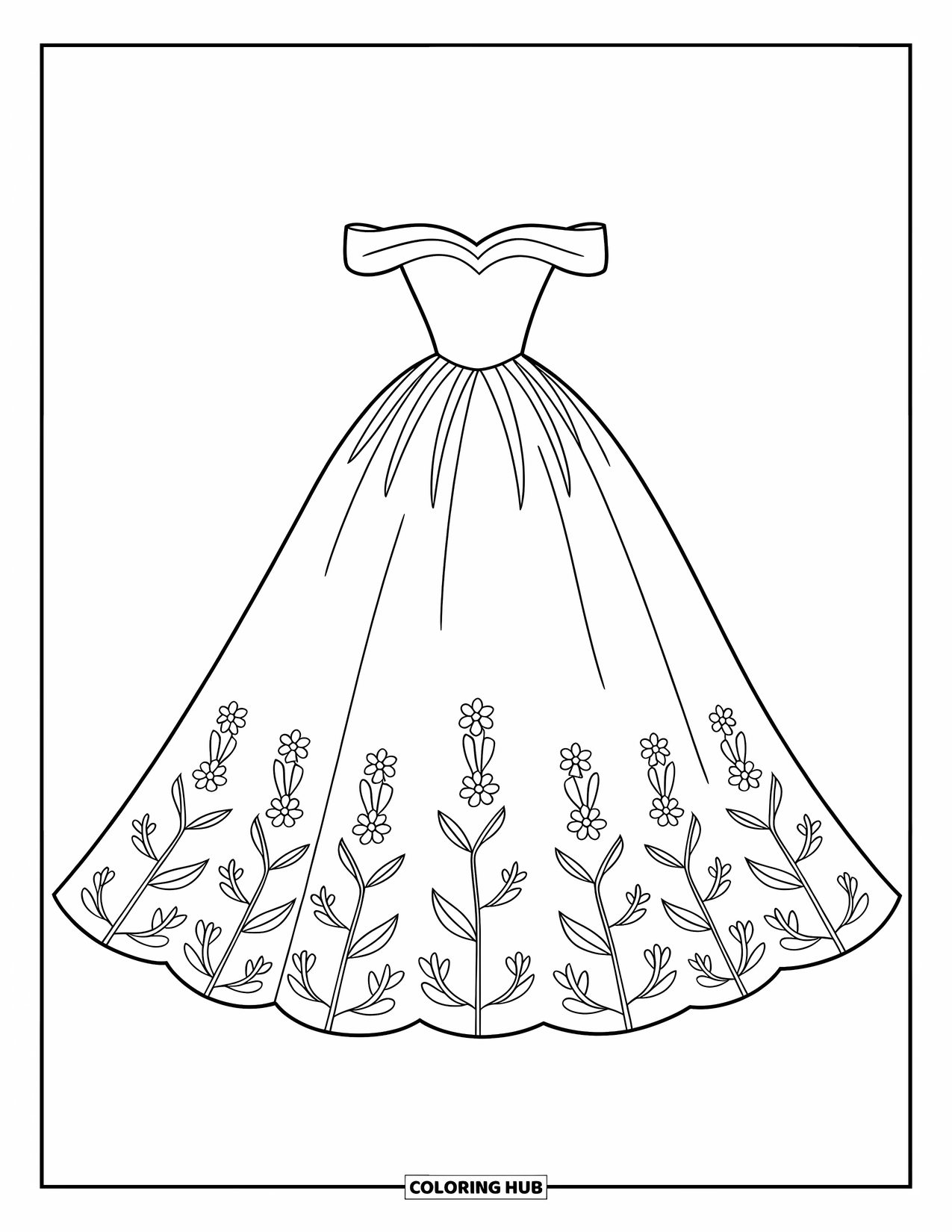 Dibujo de vestido de novia para colorear para niños: Un romántico vestido de novia sin tirantes con bordados florales adorna la página con su delicado diseño