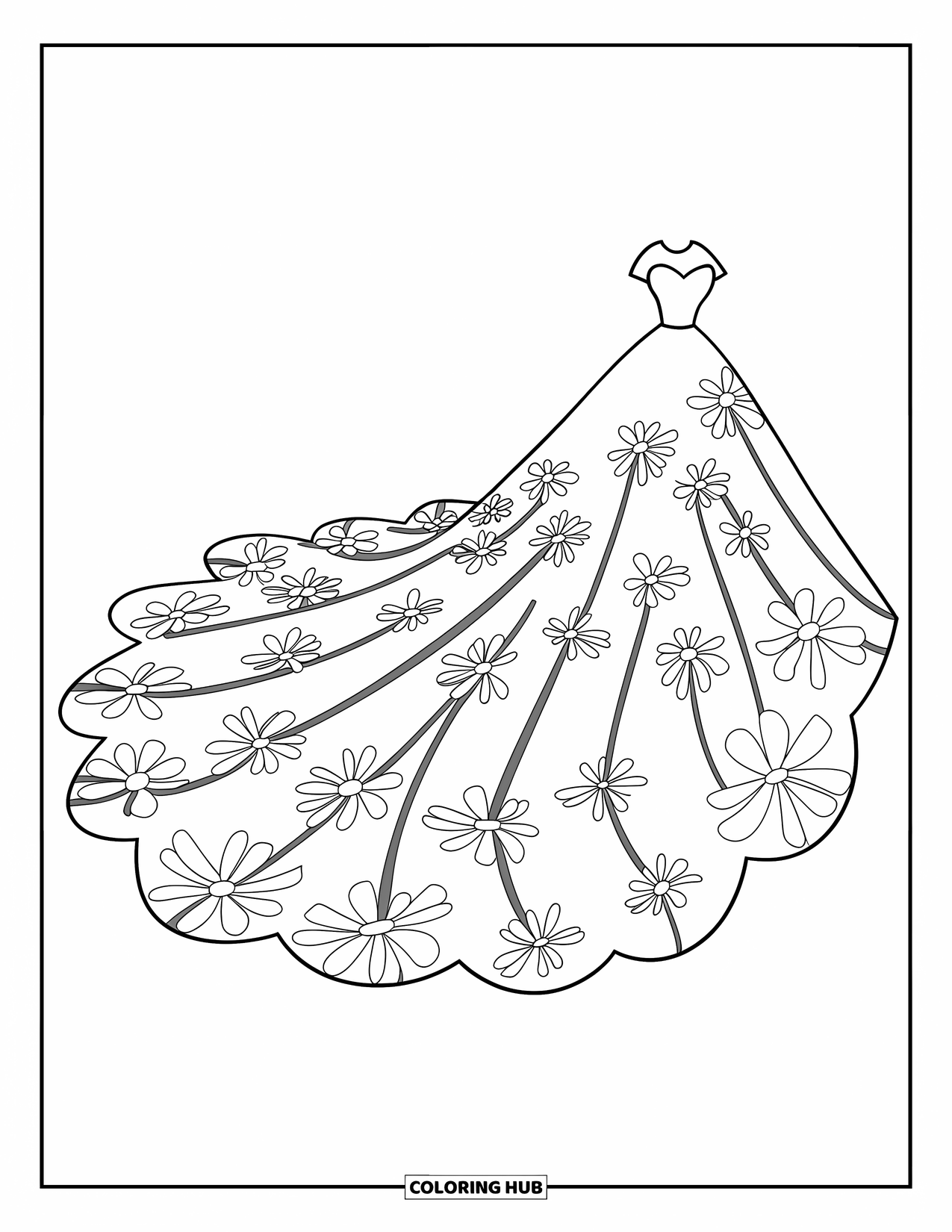 Dibujo de vestido de novia para colorear para niños: Un romántico vestido de novia con una cola con motivos florales cae en cascada en delicadas capas