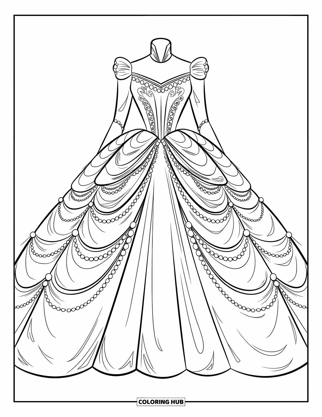 Dibujo de vestido de novia para colorear para niños: Un vestido de novia de estilo real con intrincados abalorios y capas fluidas irradia elegancia real