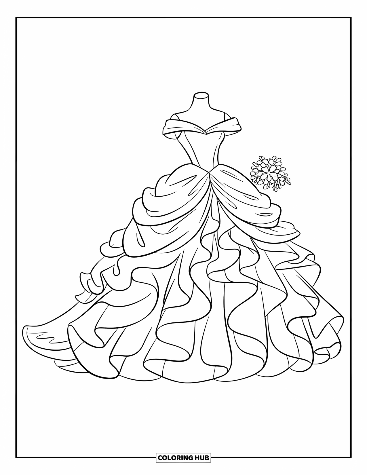 Dibujo de vestido de novia para colorear para niños: Un vestido de princesa con volantes exhibido en un maniquí con un ramo de flores