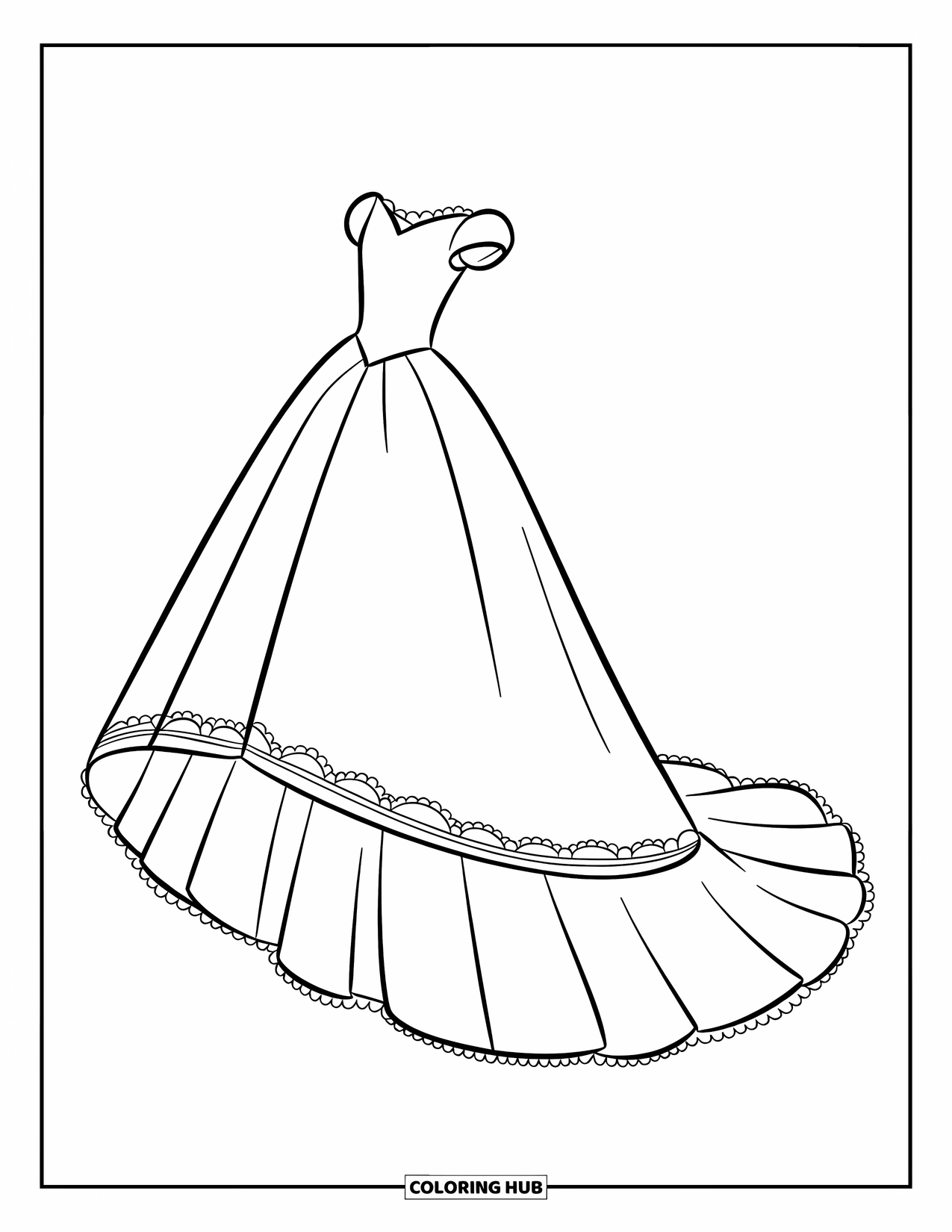 Dibujo de vestido de novia para colorear para niños: Un vestido de novia con volantes y adornos de encaje exhibido en un maniquí