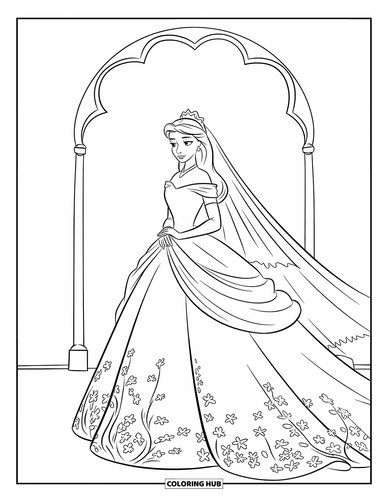 Dibujo de vestido de novia para colorear para niños: Un vestido de novia transparente con delicados bordados florales en el dobladillo es usado por una serena princesa