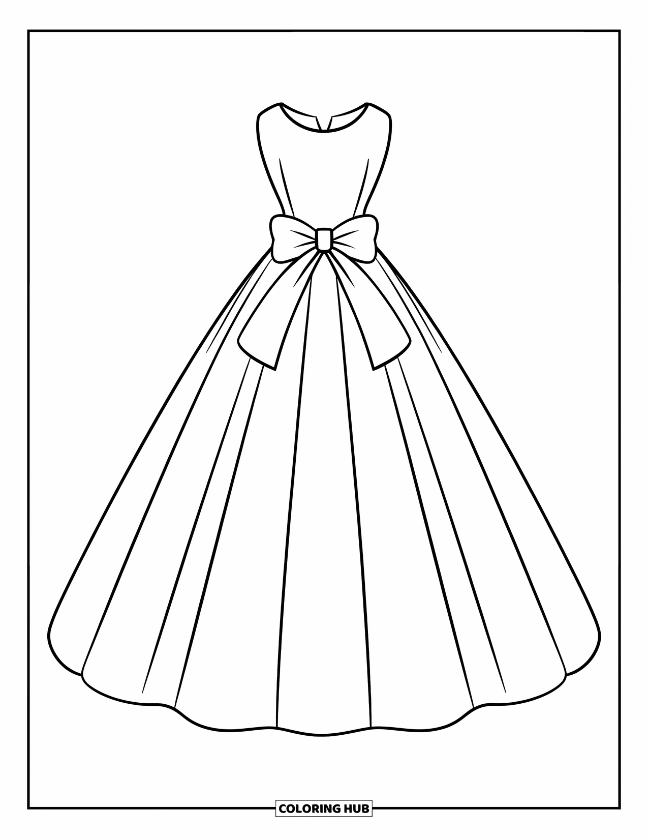 Dibujo de vestido de novia para colorear para niños: Un vestido de novia de corte recto, sencillo pero elegante, con un lazo central