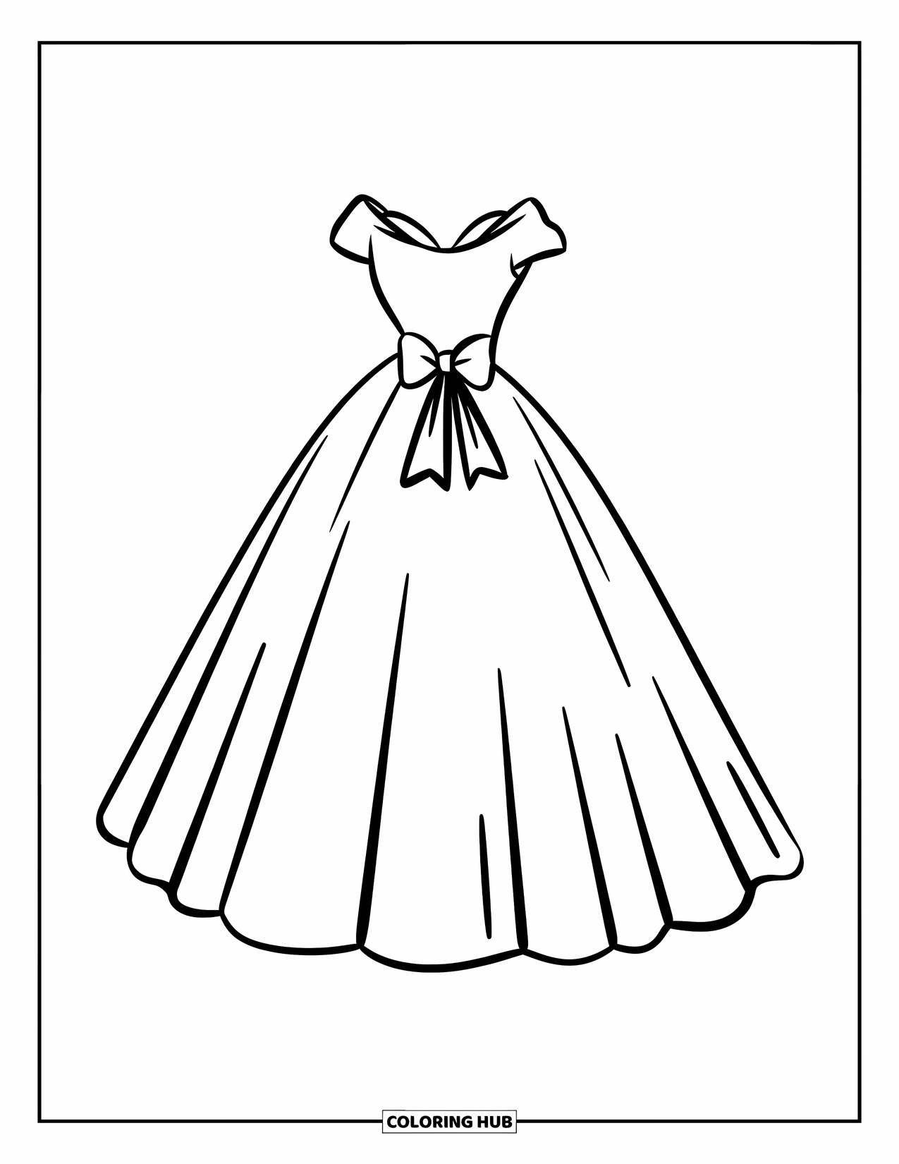 Dibujo de vestido de novia para colorear para niños: Un vestido de novia sencillo pero elegante con un lazo y una falda redondeada