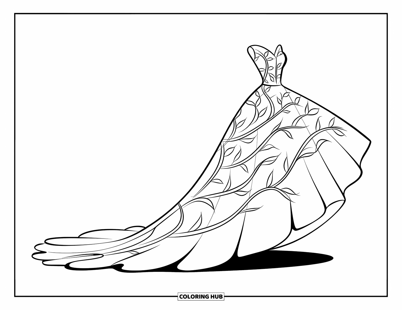 Dibujo de vestido de novia para colorear para niños: Un elegante vestido de novia con detalles de enredaderas fluidas y una cola elevada adorna la página