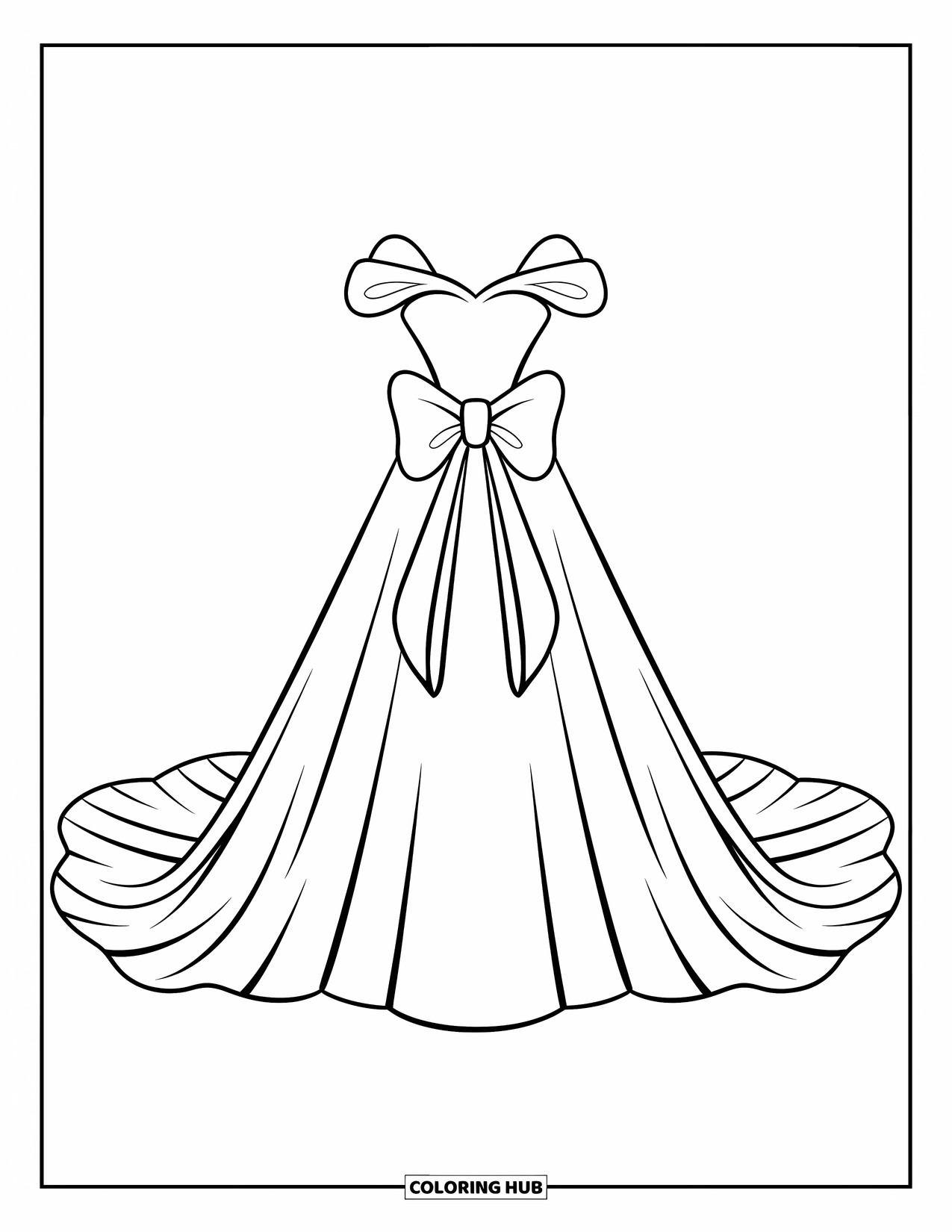 Dibujo de vestido de novia para colorear para niños: Un vestido de novia de corte recto con un gran lazo en el centro