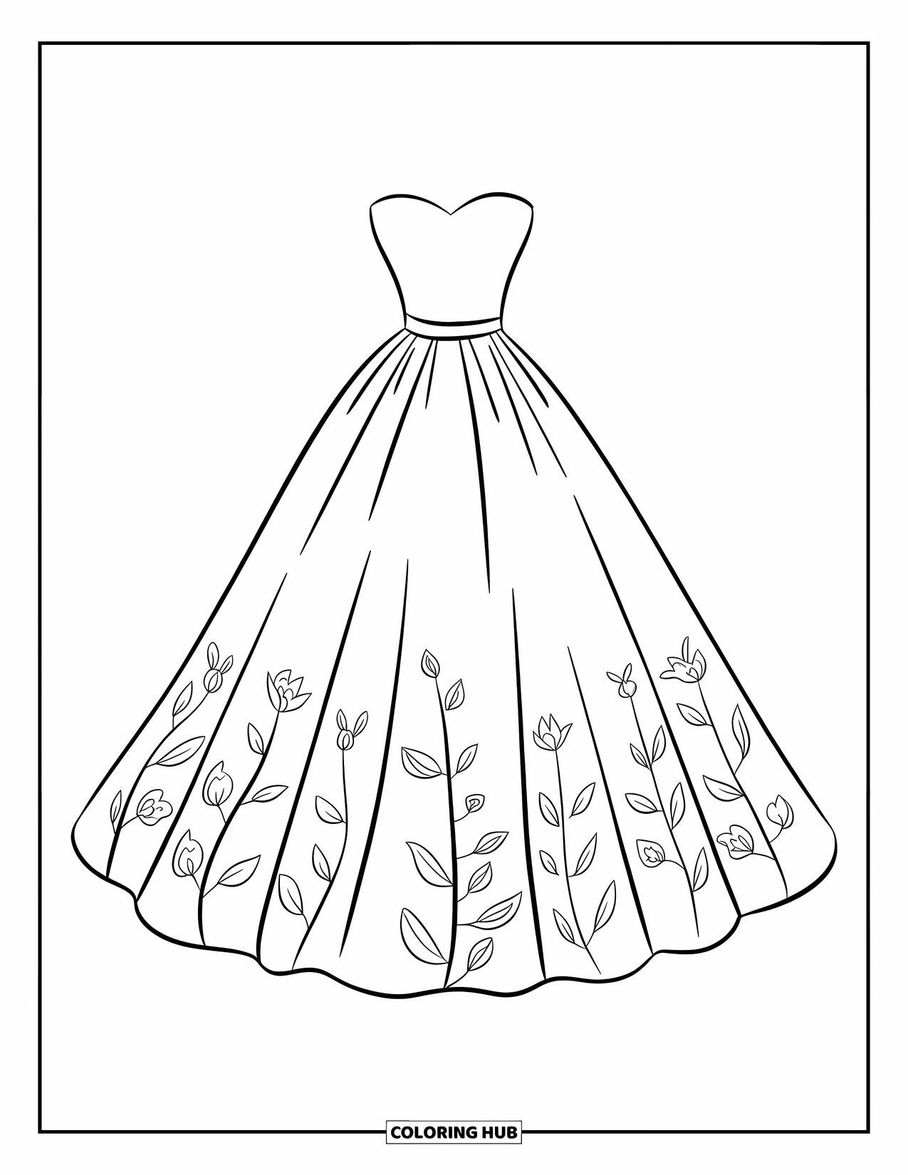 Dibujo de vestido de novia para colorear para niños: Un vestido de novia sin tirantes con delicados bordados a lo largo de la falda fluye en elegantes capas