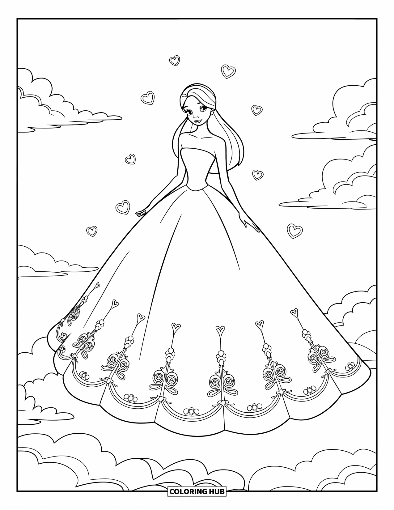 Dibujo de vestido de novia para colorear para niños: Un vestido de novia sin tirantes con bordados florales es usado por una princesa que flota entre las nubes