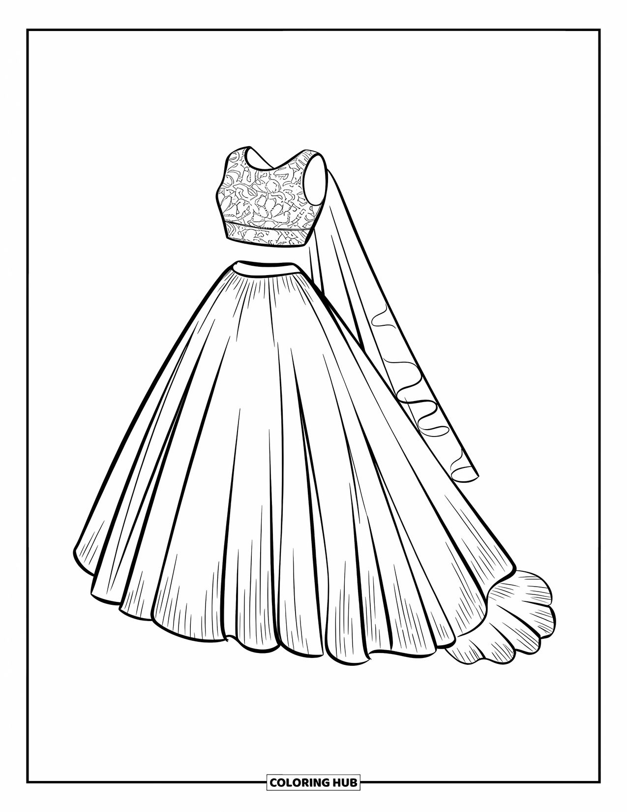 Dibujo de vestido de novia para colorear para niños: Un vestido de novia de dos piezas con un top corto de encaje y una falda completa y elegante fluye con gracia