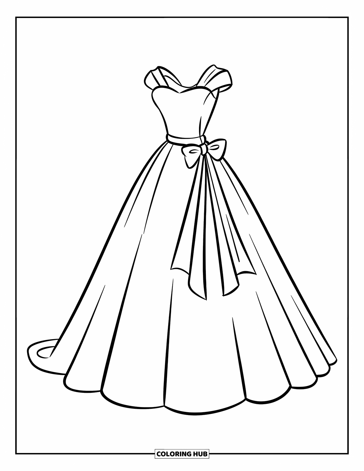 Dibujo de vestido de novia para colorear para niños: Un vestido de novia con un corpiño ajustado, una falda completa y una banda atada en un elegante lazo