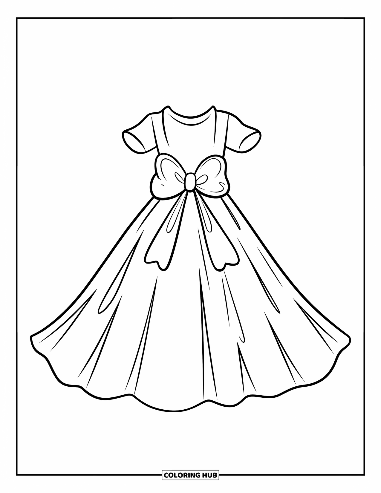 Dibujo de vestido de novia para colorear para niños: Un vestido de novia con un gran lazo y una silueta limpia y elegante