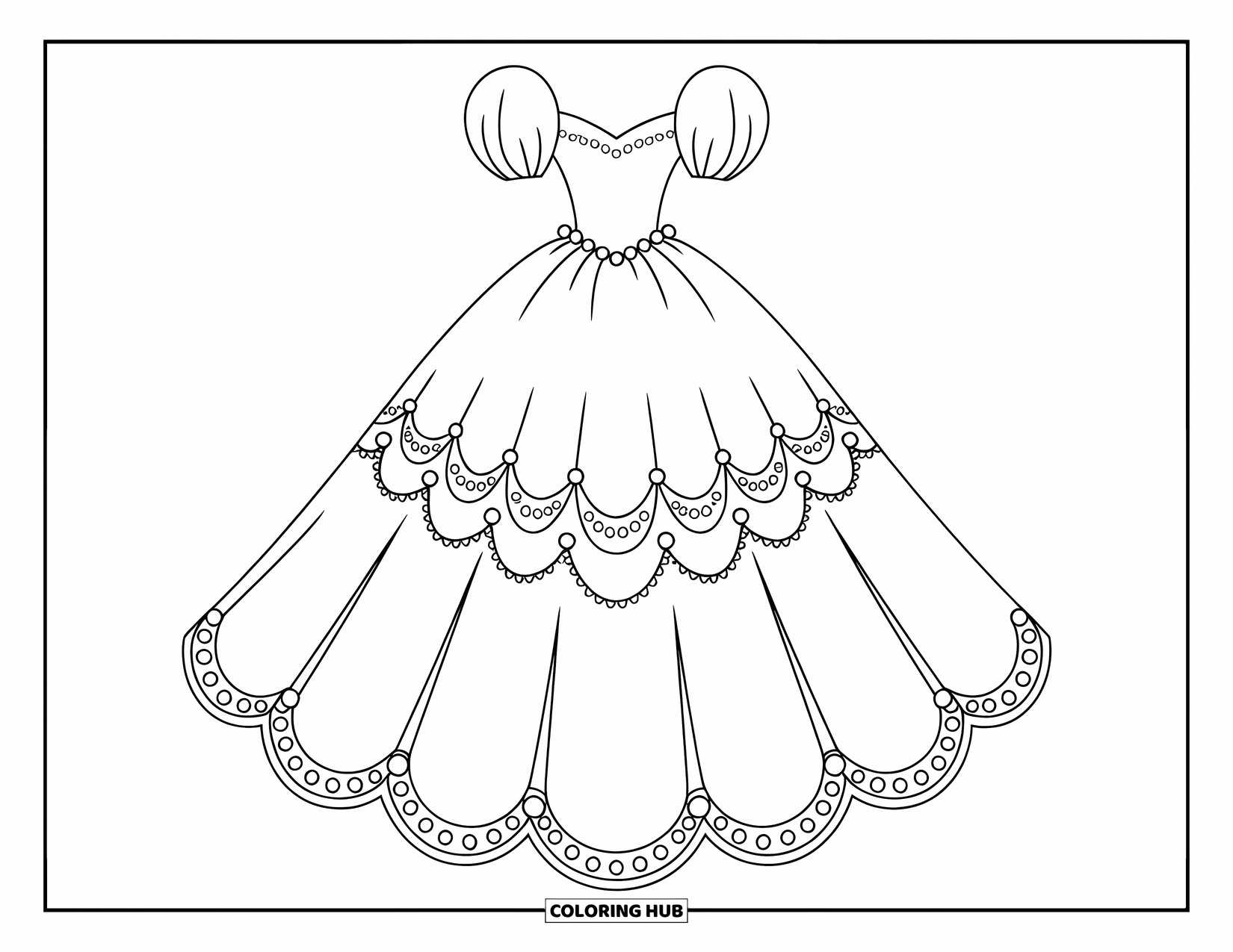 Dibujo de vestido de novia para colorear para niños: Un vestido de novia con mangas abullonadas, encaje festoneado y una cintura adornada con perlas luce regio