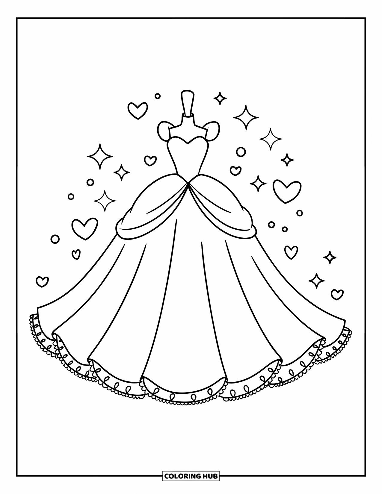 Dibujo de vestido de novia para colorear para niños: Un vestido de novia con detalles de volantes, corazones y estrellas que lo rodean