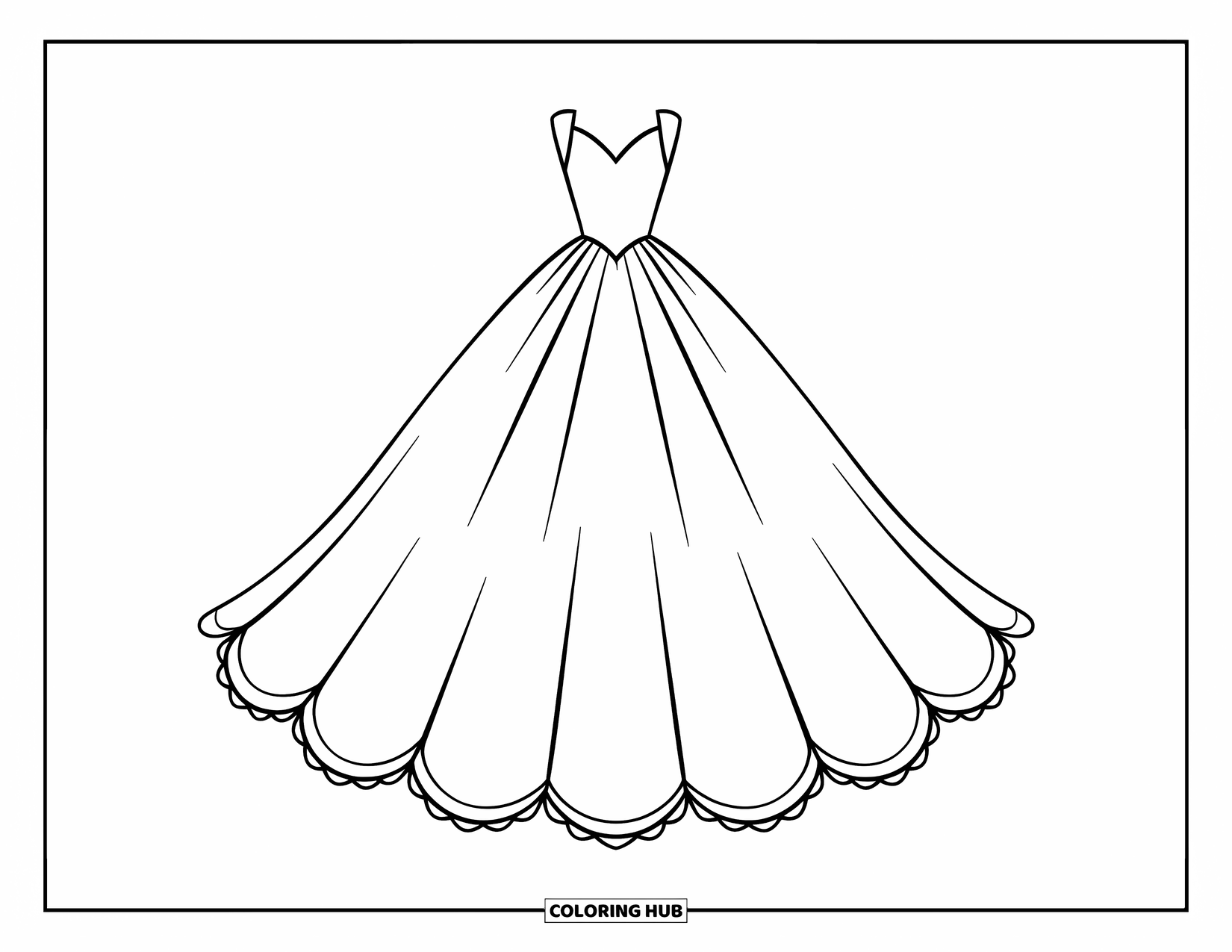Dibujo de vestido de novia para colorear para niños: Un vestido de novia de corte A con un dobladillo festoneado y una cola fluida