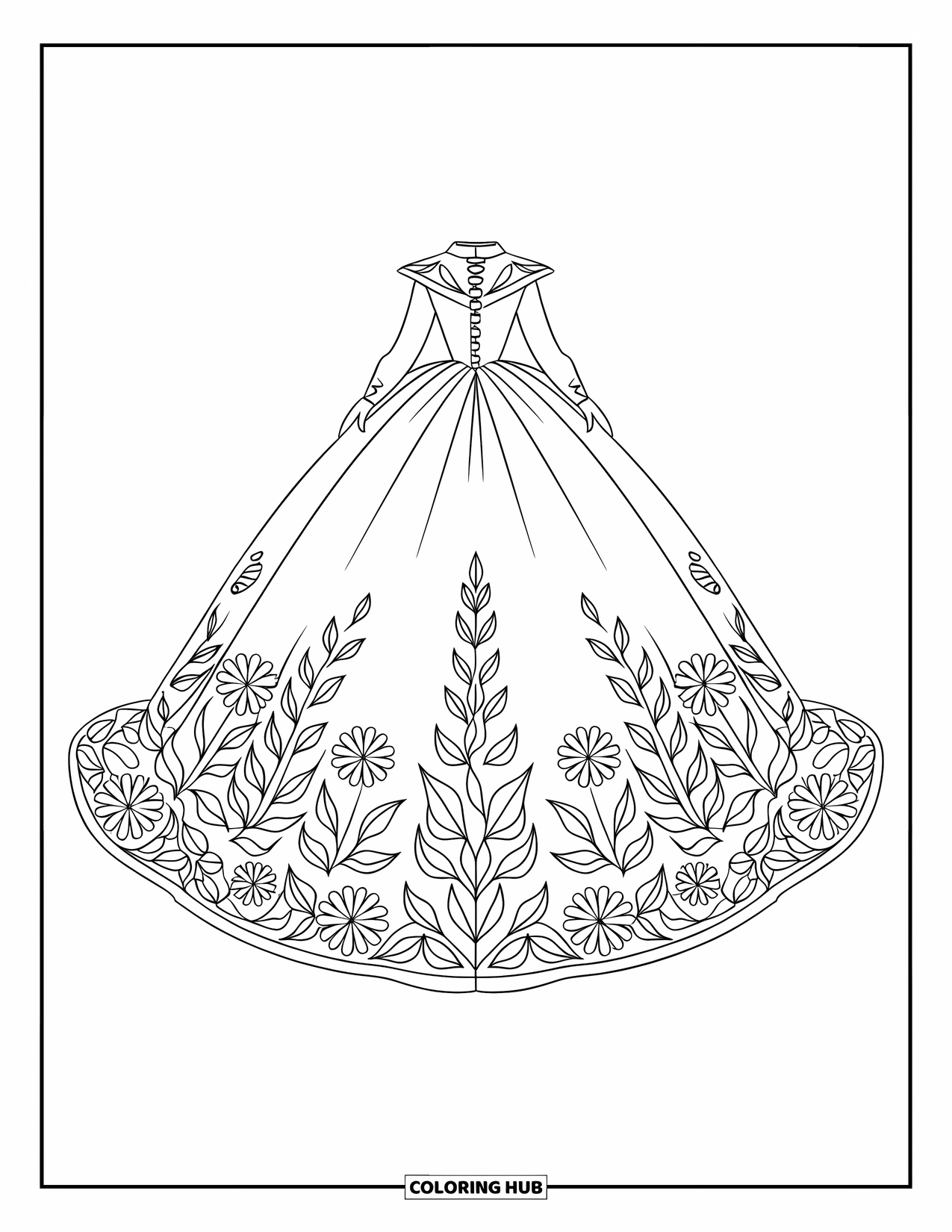 Dibujo de vestido de novia para colorear para niños: Un elegante vestido de gala de novia con intrincados bordados de encaje fluye con gracia sobre una plataforma blanca