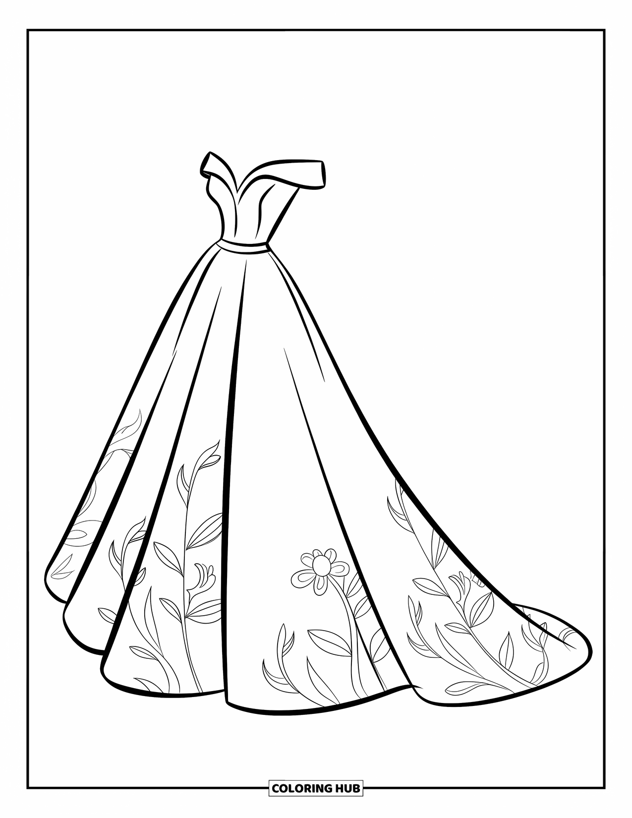 Dibujo de vestido de novia para colorear para niños: Un vestido de novia con hombros descubiertos, una silueta elegante y patrones florales se alza maravillosamente