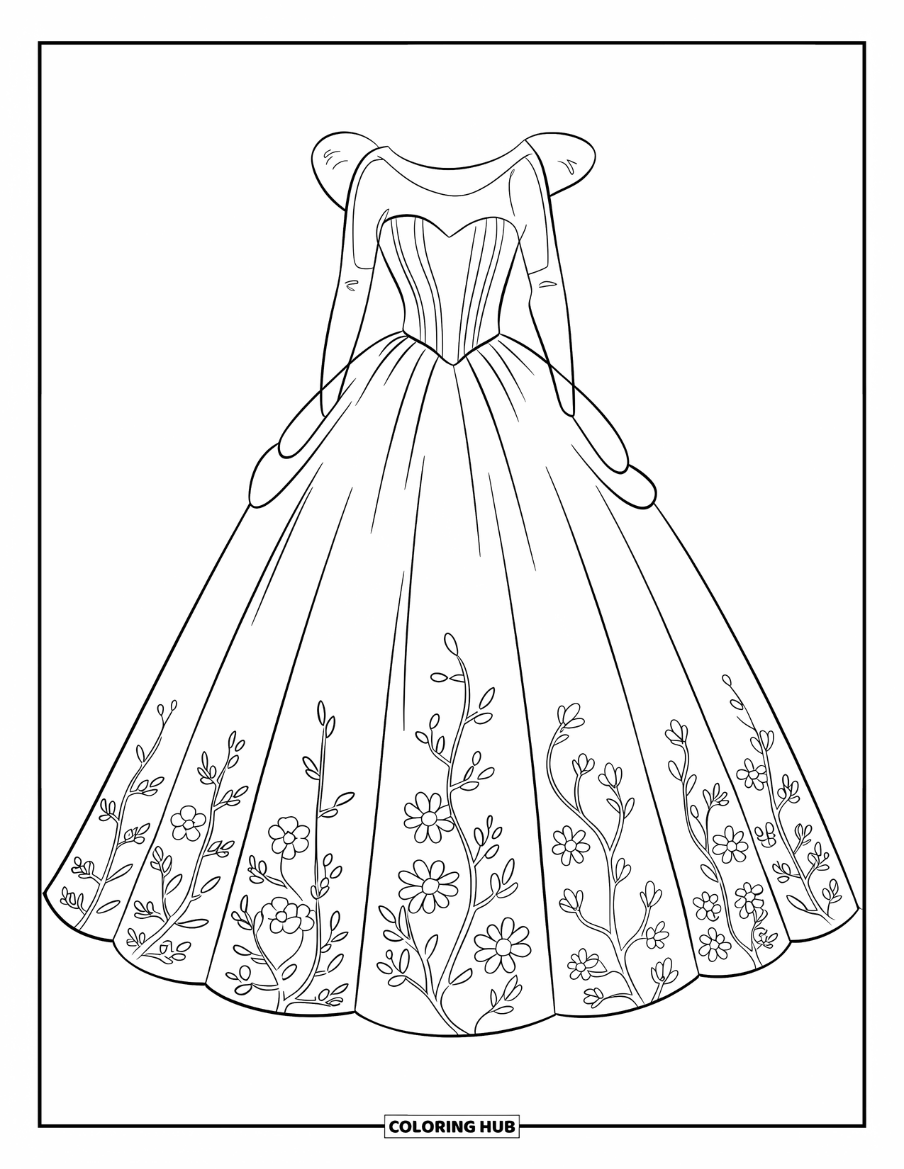 Dibujo de vestido de novia para colorear para niños: El vestido presenta una capa exterior transparente con bordados florales en el dobladillo