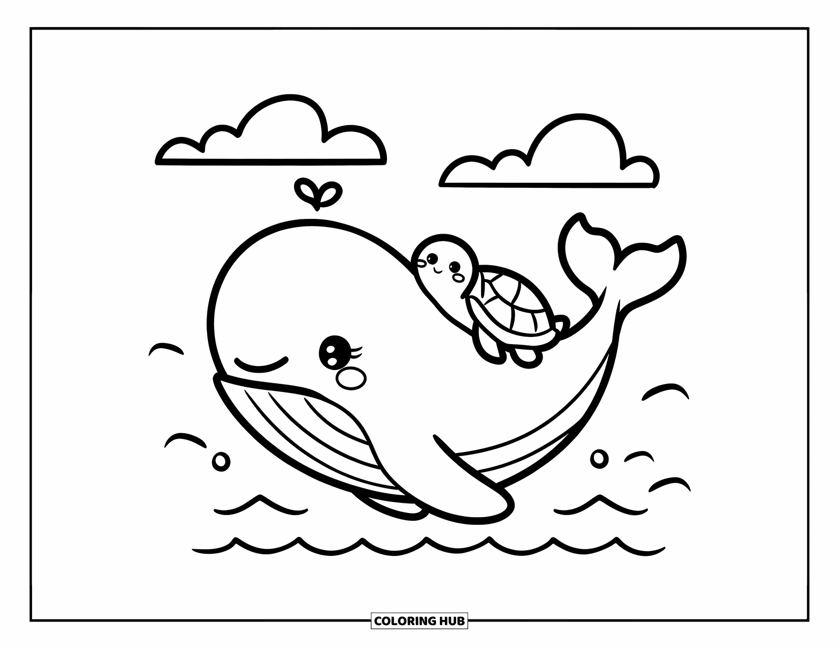 Kolorowanka z wielorybem dla dorosłych: Mały wieloryb i maleńki żółw przytulają się, unosząc się razem na delikatnych falach oceanu